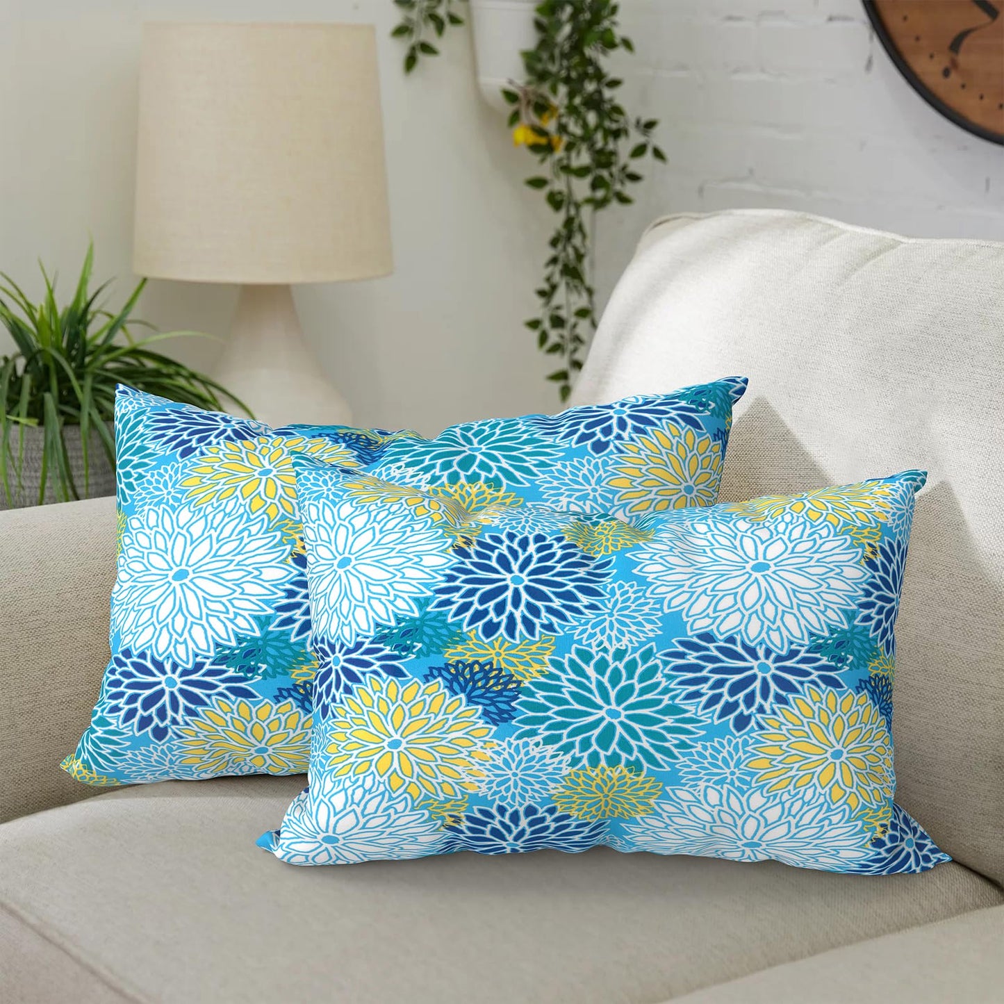 DYTXIII Pack of 2 Waterproof Outdoor Pillow with Inserts, 18x18 Square Patio Decorative Throw Pillow for Home,Sofa,Bench and Patio Furniture,Brush Blue