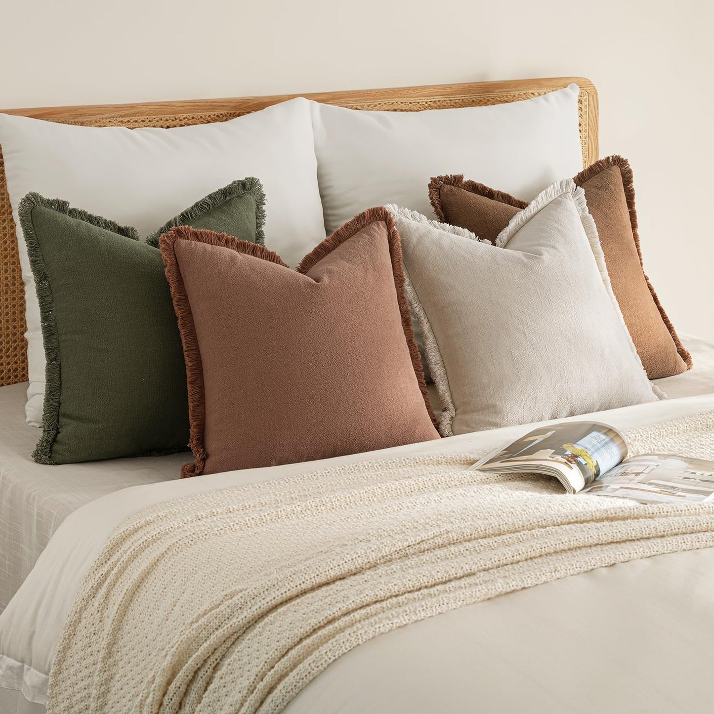 MIULEE Decorative Couch Pillow Covers Neutral Linen Fringe Throw Pillows Set of 4 Soft Rustic Cushions Boho Farmhouse Pillowcases for Bed Sofa Living Room Spring Decor 18x18 Inch Beige/Brown/Green