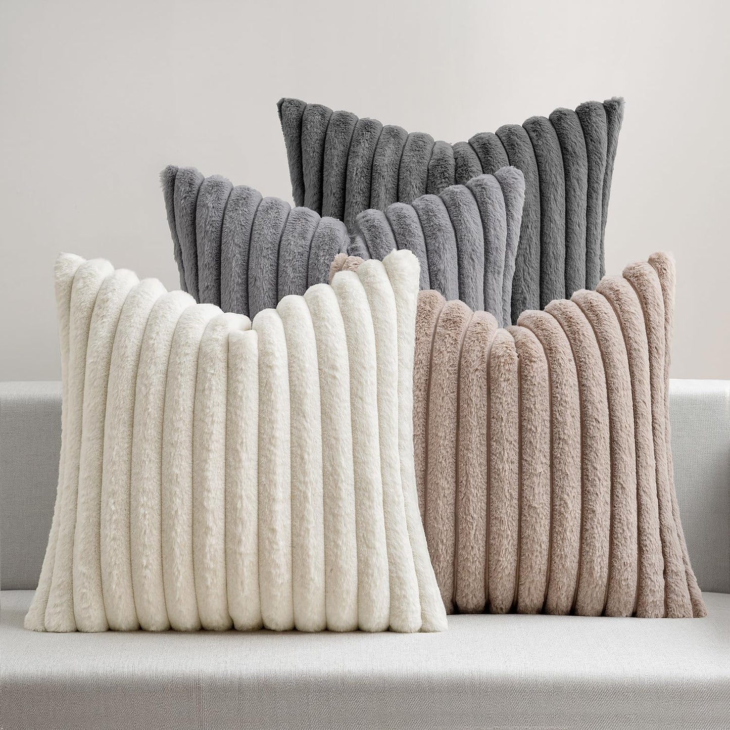 MIULEE Faux Fur Plush Decorative Throw Pillow Covers 18x18 Set of 4, Valentine's Day Cute Modern Soft Romantic Fuzzy Striped Cushion Covers for Sofa Couch Bed Living Room Cozy Home Decor,Pink