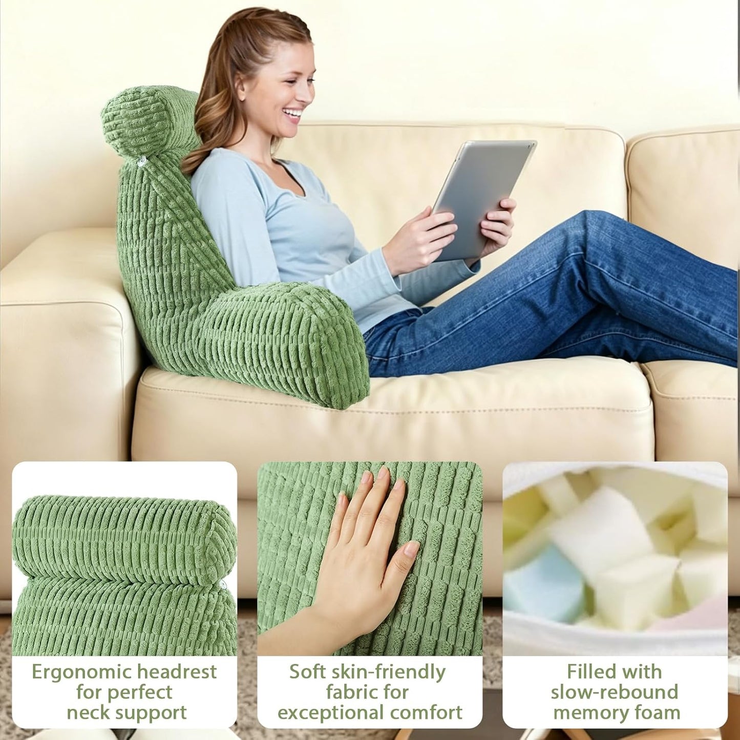 Reading Pillow for Bed, Back Rest Bed Pillow for Sitting Up with A Cylindrical Pillow and Lumbar Pillow, Back Support Pillows for Bed Sitting Up, Upright Husband Pillows for Adults & Children(20 Inch)