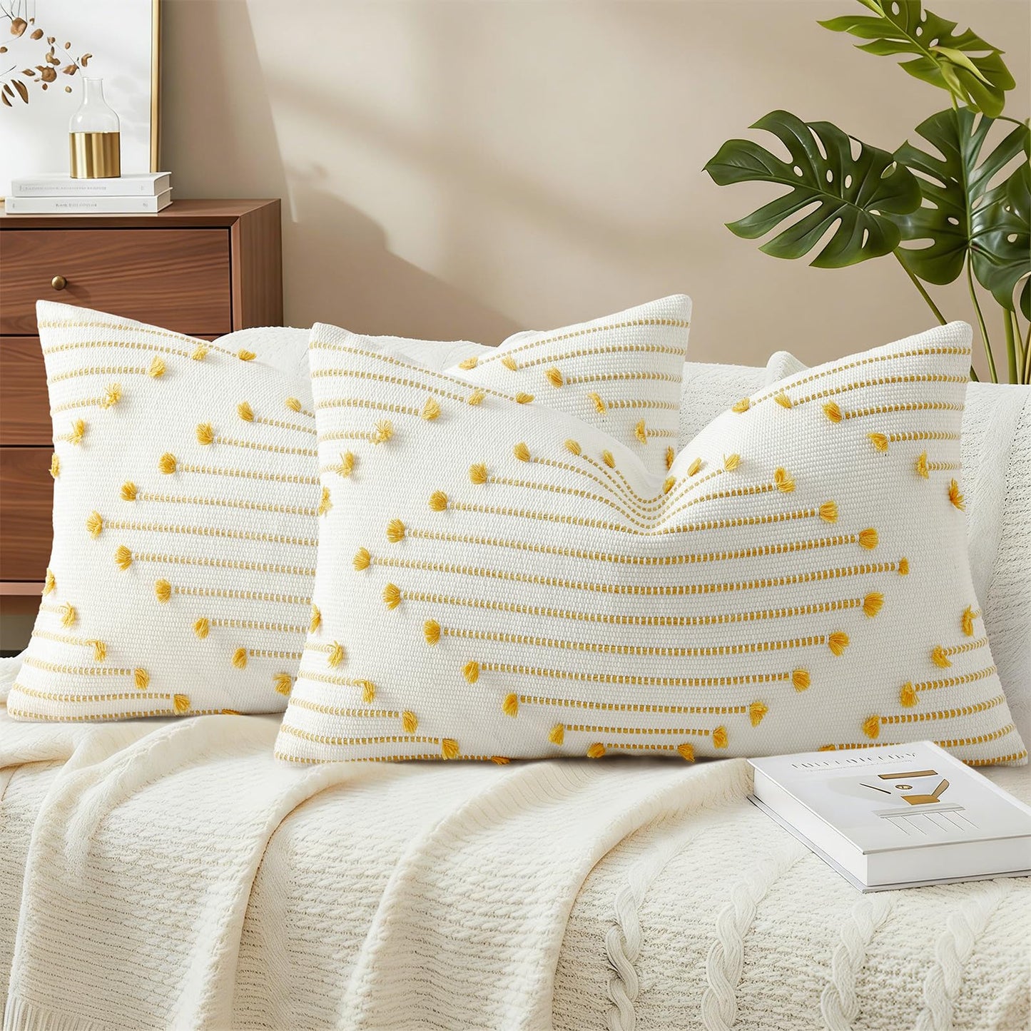 Mecatny Boho Summer Outdoor Throw Pillow Covers 18X18 Set of 2, Farmhouse Decorative Pillow Covers for Couch Sofa Living Room, Navy & Cream White