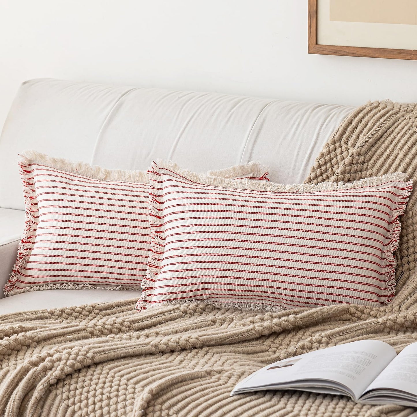 YEENAASY Throw Pillow Covers 22x22 Set of 2 Striped Fringe Pillow Cover Farmhouse Cushion Covers with Tassel Neutral Boho Pillows Decorative Square Pillowcase for Couch Sofa Bed, Khaki
