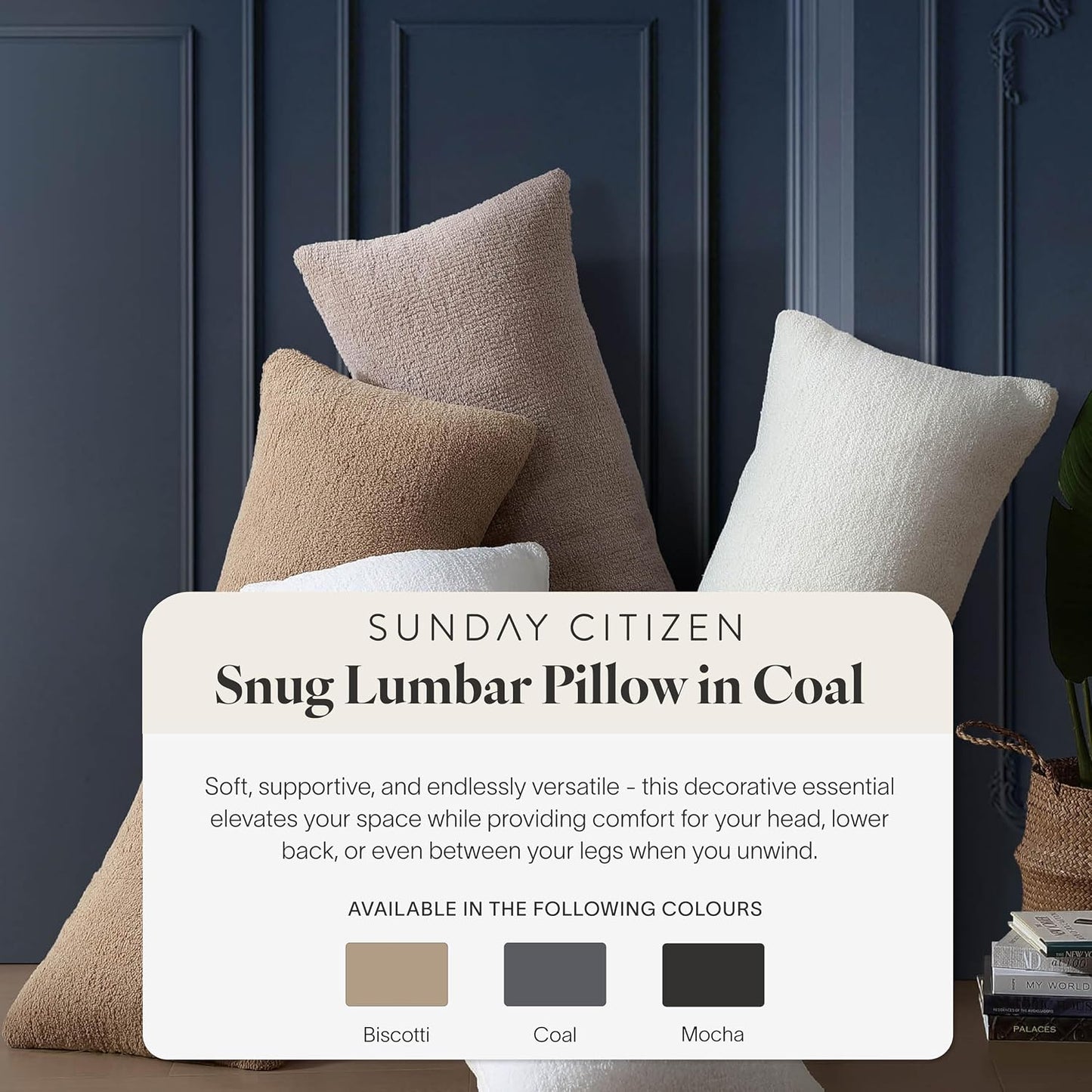 Sunday Citizen Snug Lumbar Pillow – Soft Memory Foam Lumbar Throw Pillow, Cozy Body & Sleep Pillow, Washable Cover, Decorative Lumbar Support Cushion for Bed & Couch (Coal)