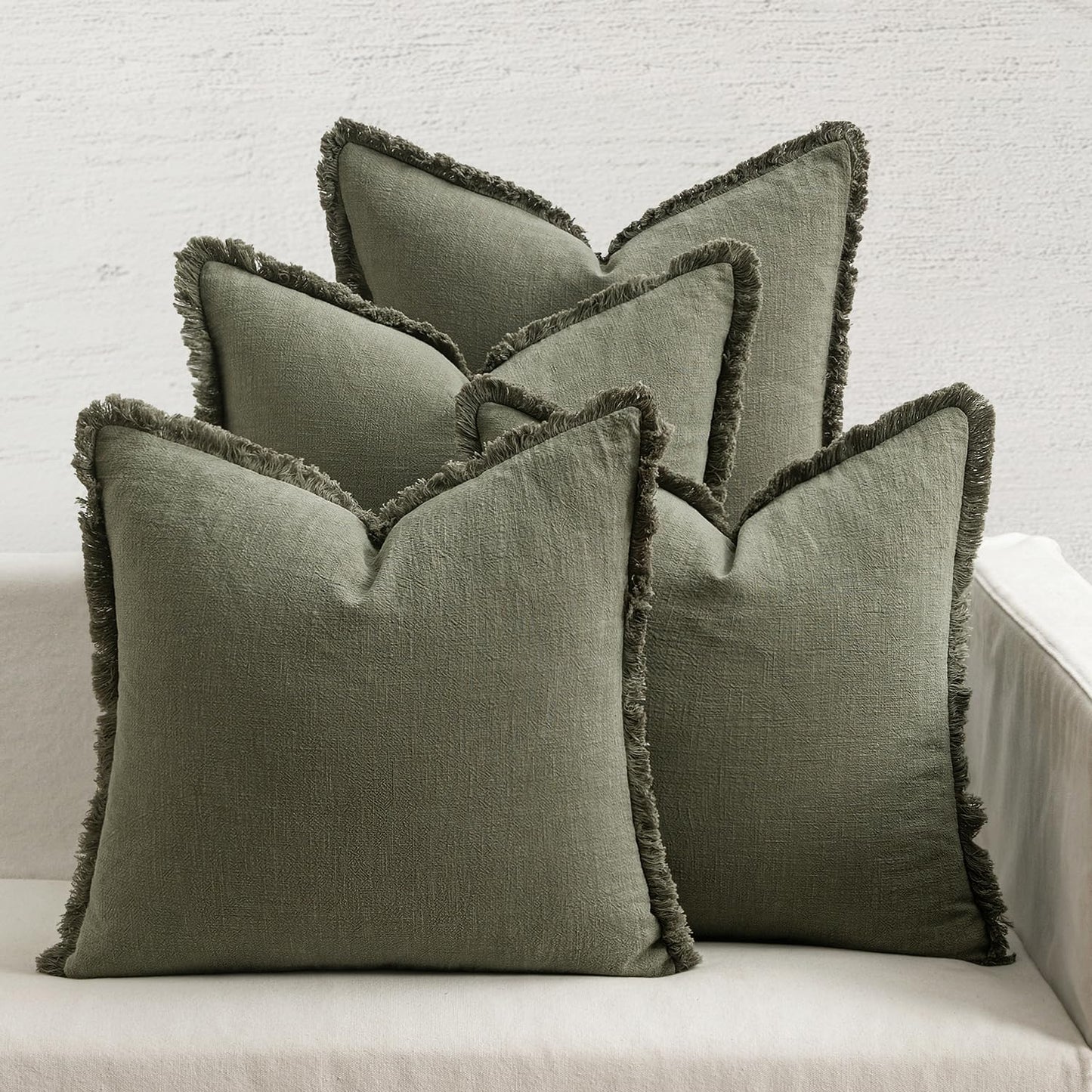 MIULEE Decorative Couch Pillow Covers Neutral Linen Fringe Throw Pillows Set of 4 Soft Rustic Cushions Boho Farmhouse Pillowcases for Bed Sofa Living Room Spring Decor 18x18 Inch Beige/Brown/Green