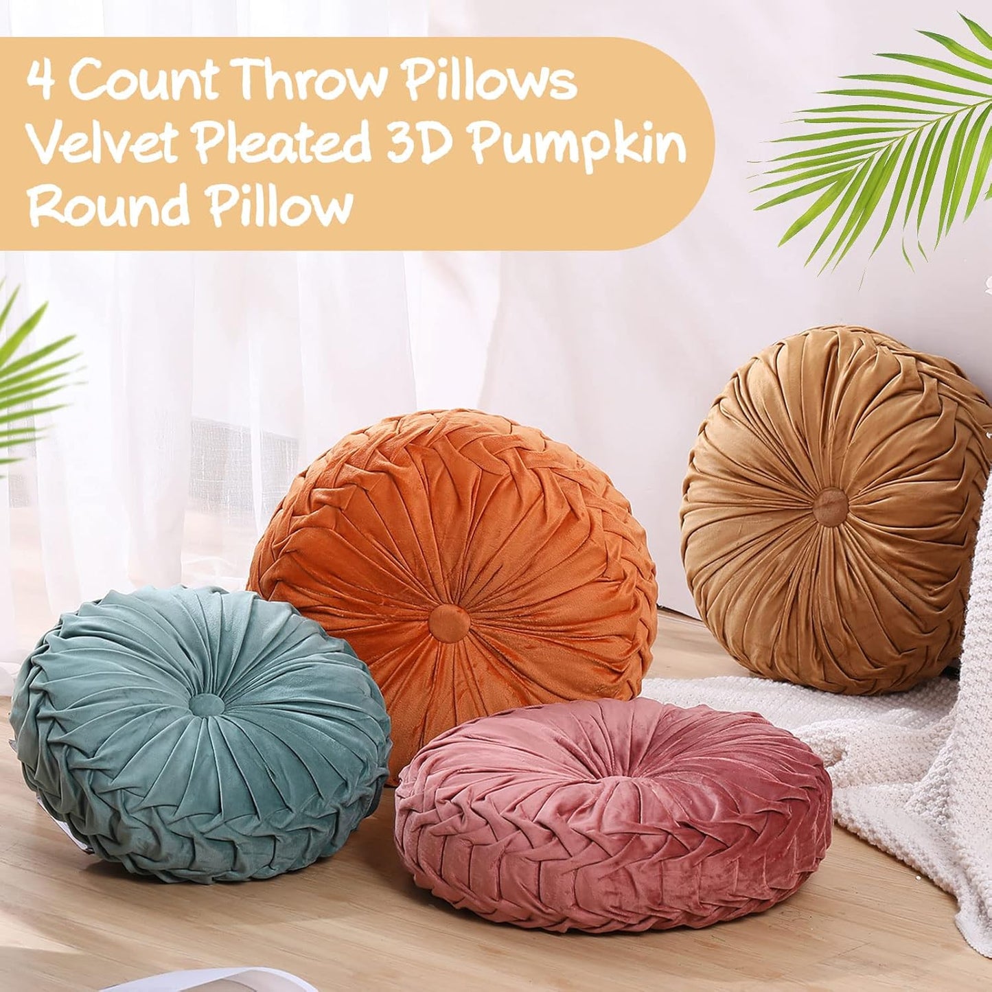 Kathfly Decorative Round Pleated Throw Pillows, Classy Velvet Pumpkin Round Throw Pillows, Decorative Floor Pillow for Bed Chair Home Sofa Decor, 14" Diameter(Orange, Yellow, Pink, Green,4 Pcs)