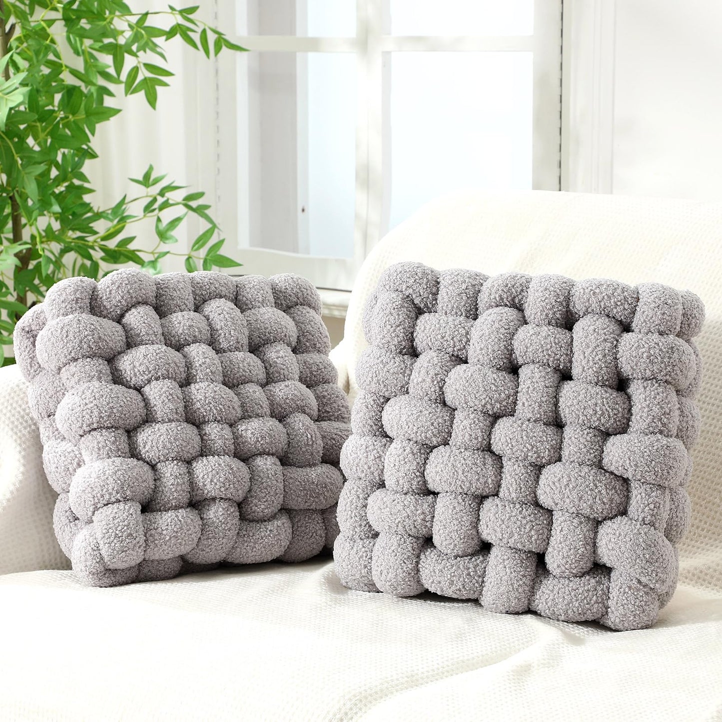 Wenqik 2 Pcs Knot Pillows Square Knotted Plush Throws Soft Accent Pillows Decoration Cushion for Couch Home Office Living Room Bedroom Bed Sofa Decor, 12'' x 13''(Caramel,Crystal Velvet)