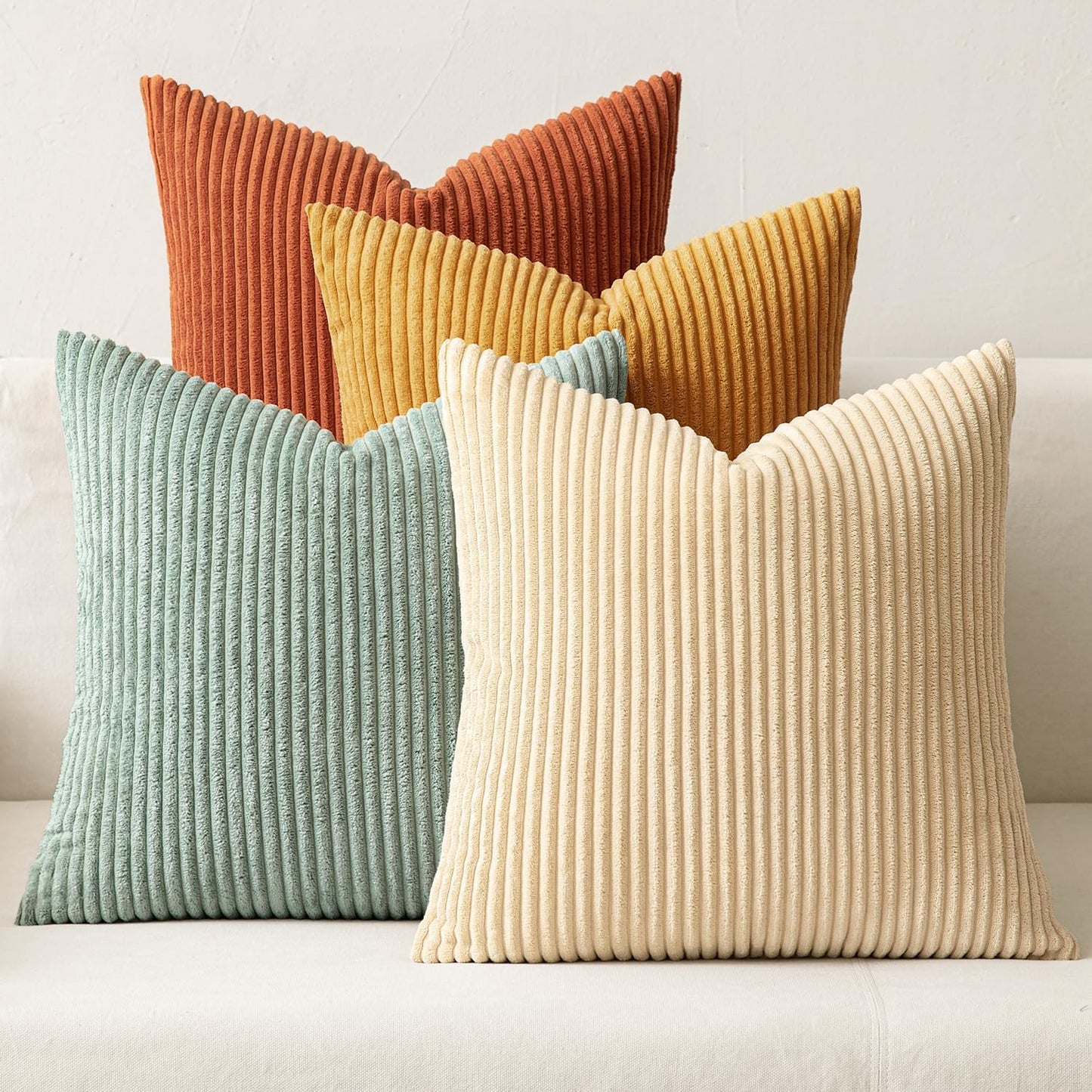 MIULEE Pack of 4 Blue-Orange Corduroy Decorative Throw Pillow Covers 18x18 Inch Soft Boho Striped Pillow Covers Modern Farmhouse Home Decor for Summer Sofa Living Room Couch Bed