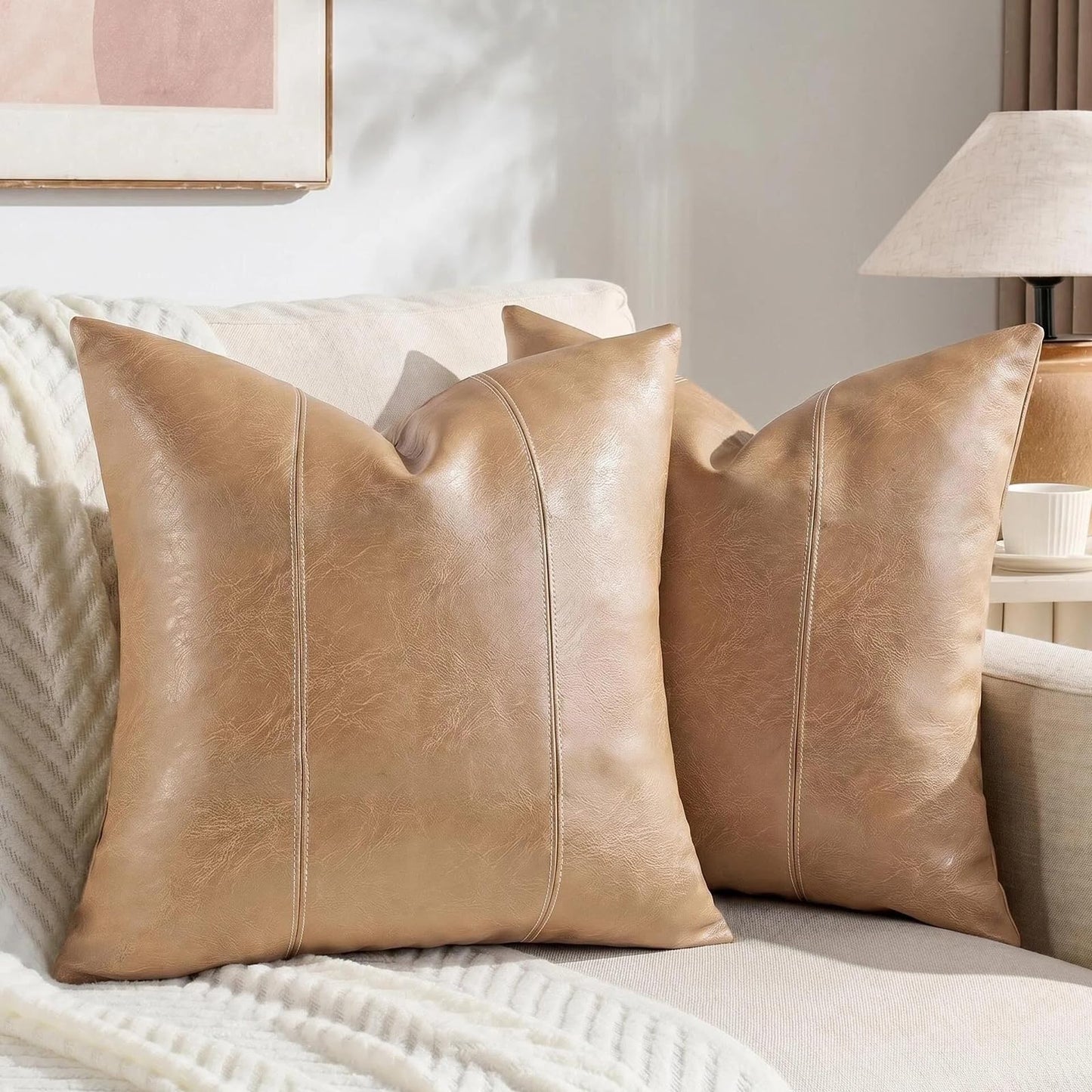 Fancy Homi 2 Packs Brown Boho Long Lumbar Faux Leather Body Decorative Throw Pillow Cover 14x36 Inch for Bedroom Couch Bed Bench, Hand Stitched Stylish Pillowcase, Rustic Modern Farmhouse Room Decor