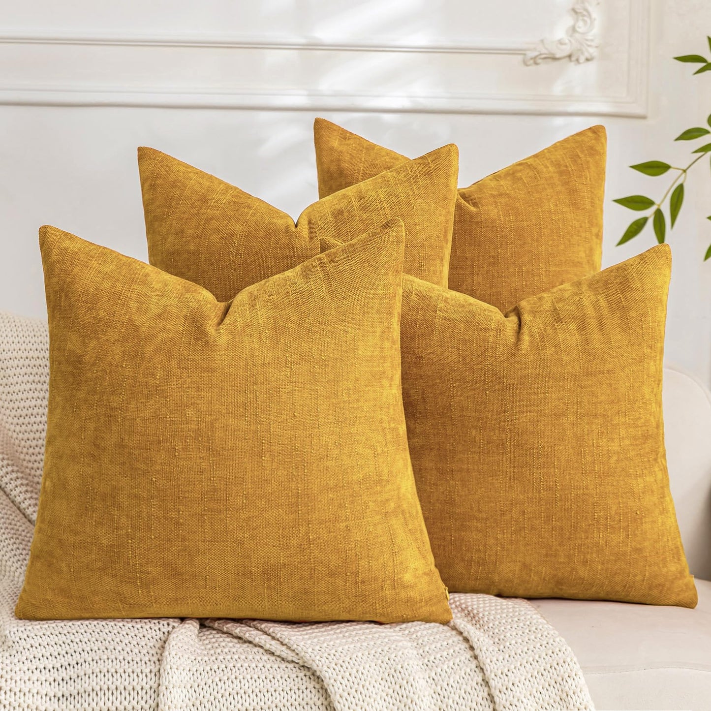 Set of 4 Soft Textured Decorative Throw Pillow Covers 24x24 Inch Cozy Farmhouse Cushion Cover Square Accent Pillow Cases for Bed Couch Sofa Living Room, Neutral