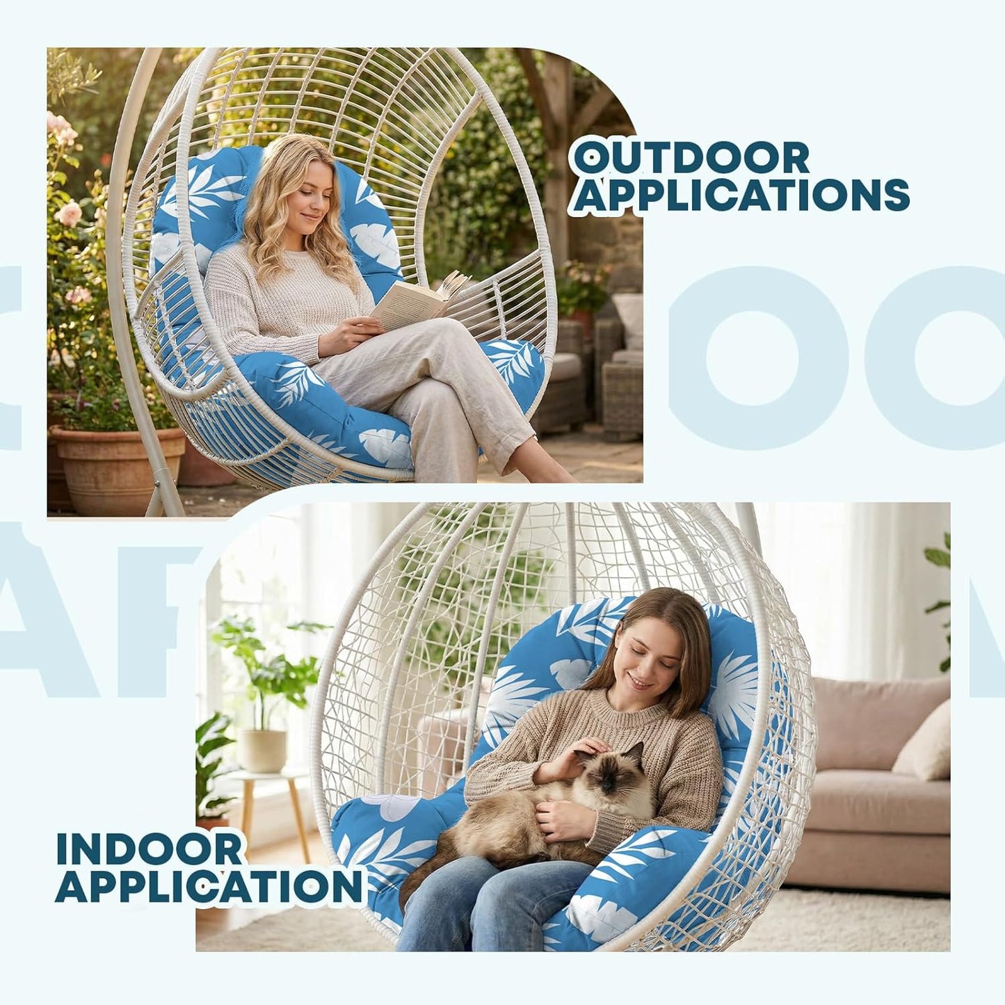Waterproof Egg Chair Cushion Replacement Outdoor Hanging Egg Couch Cushion 47x35x7 Inches Thicken Chair Cushions with Ties, Blue Leaf