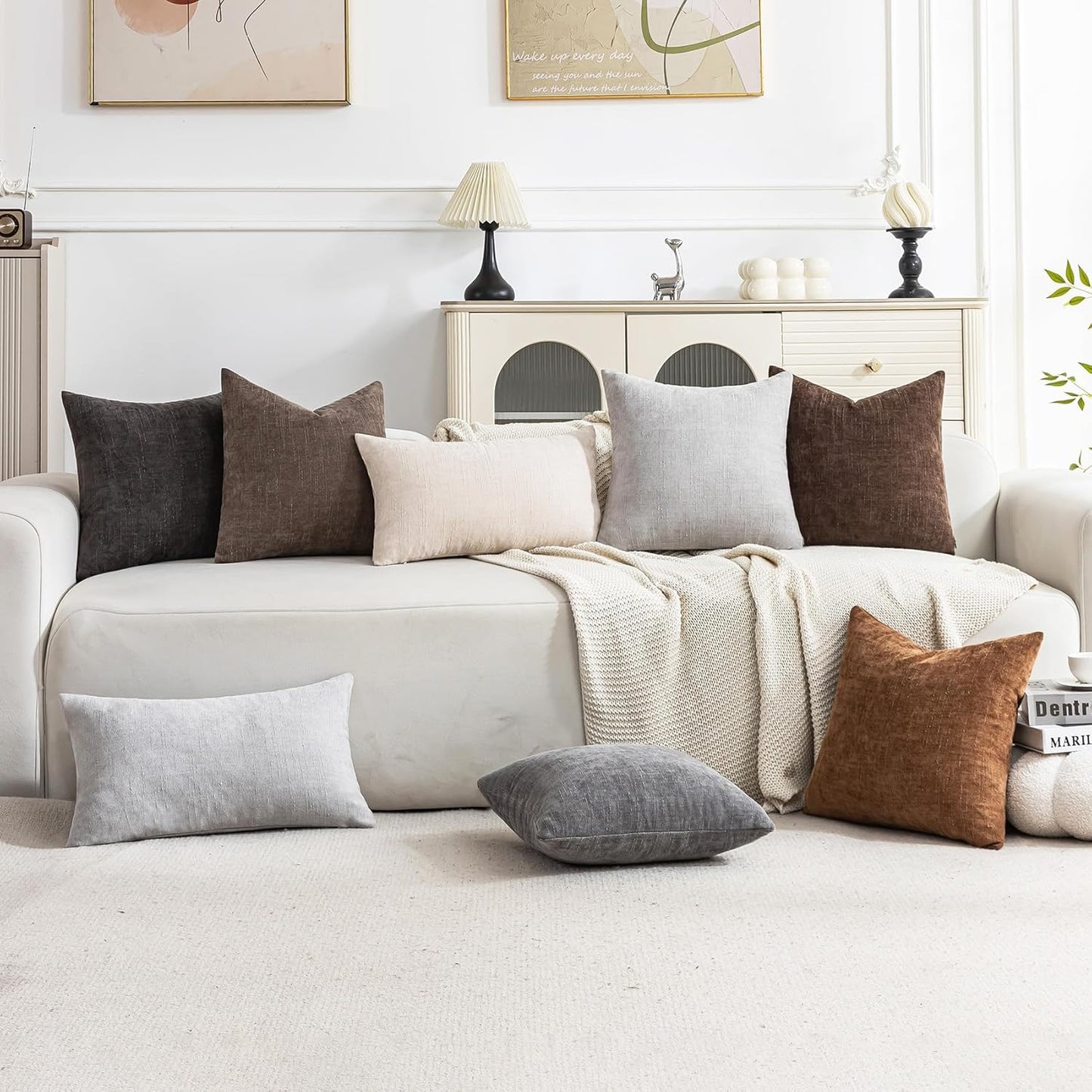 Set of 4 Soft Textured Decorative Throw Pillow Covers 24x24 Inch Cozy Farmhouse Cushion Cover Square Accent Pillow Cases for Bed Couch Sofa Living Room, Neutral