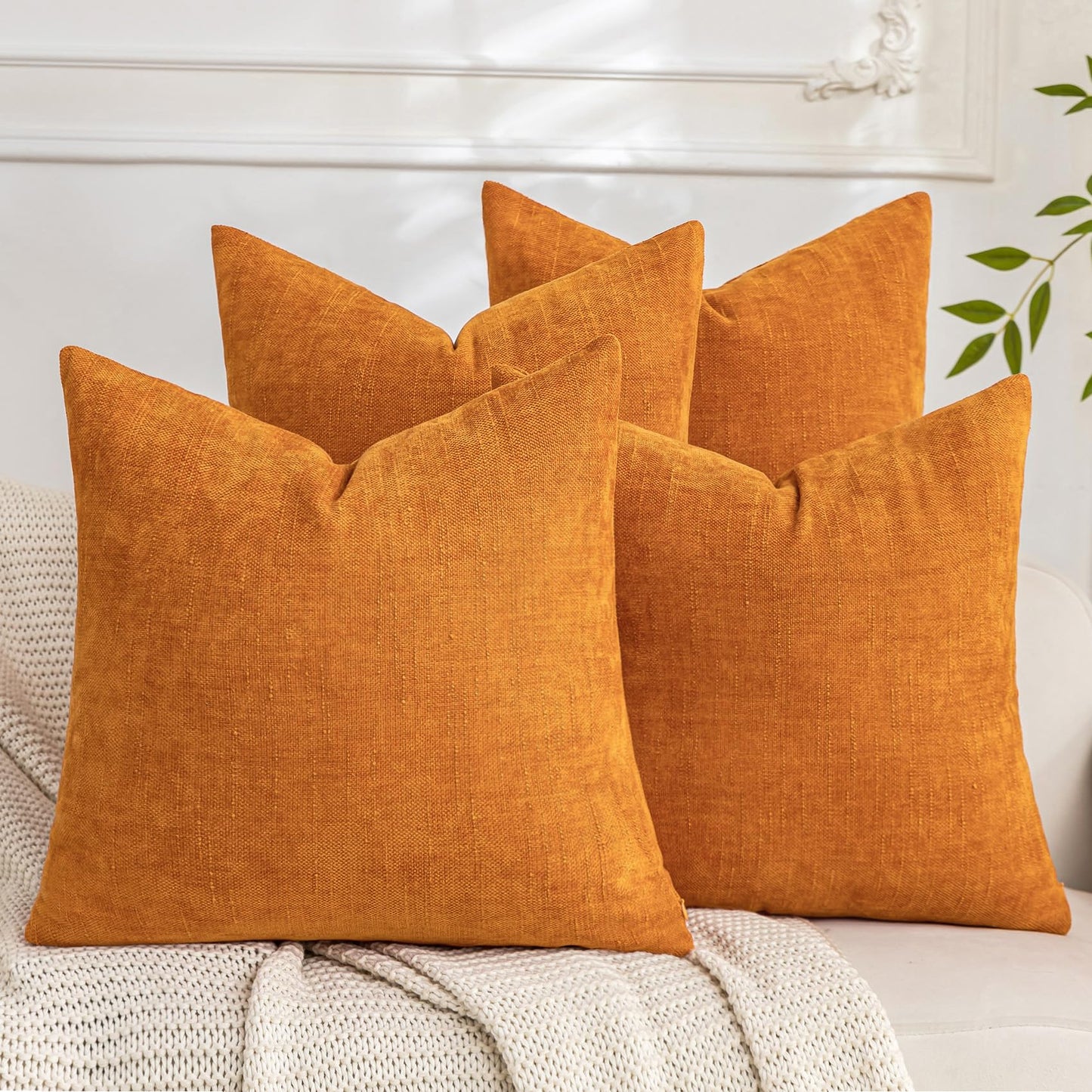 Set of 4 Soft Textured Decorative Throw Pillow Covers 24x24 Inch Cozy Farmhouse Cushion Cover Square Accent Pillow Cases for Bed Couch Sofa Living Room, Neutral