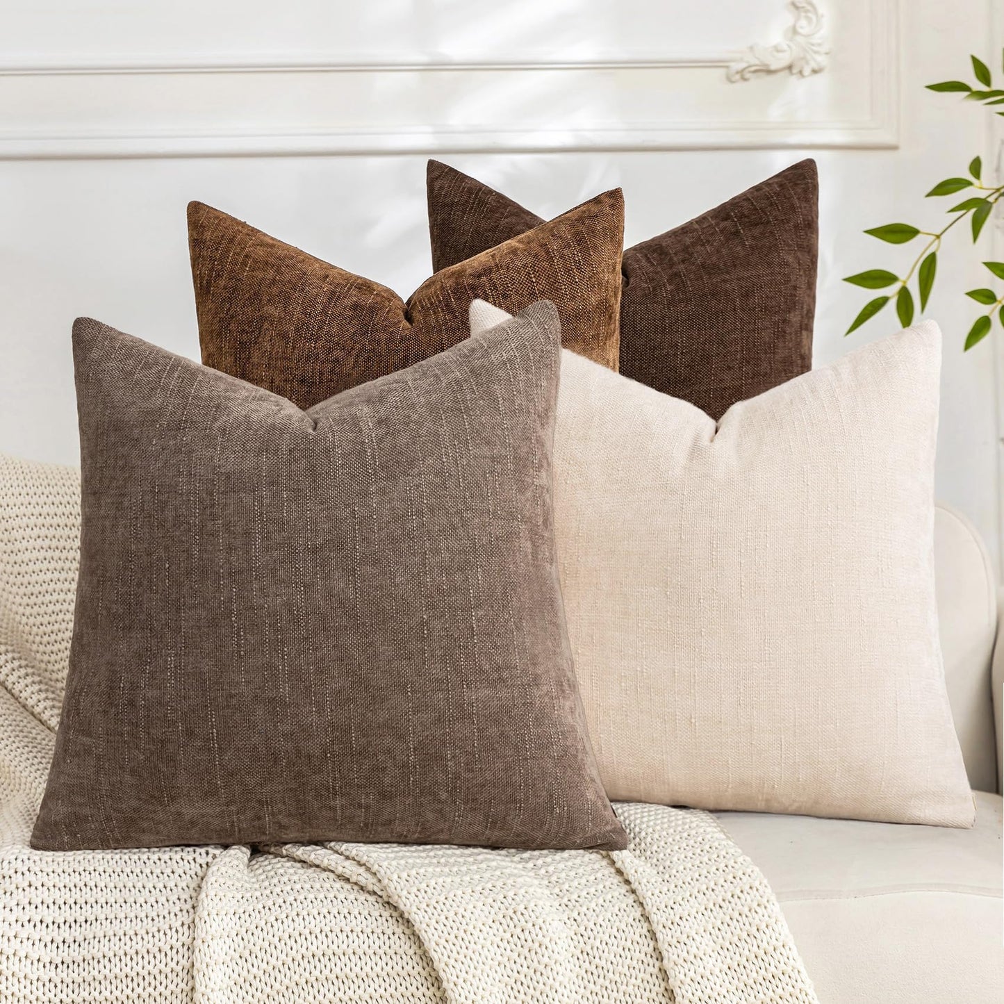 Set of 4 Soft Textured Decorative Throw Pillow Covers 24x24 Inch Cozy Farmhouse Cushion Cover Square Accent Pillow Cases for Bed Couch Sofa Living Room, Neutral