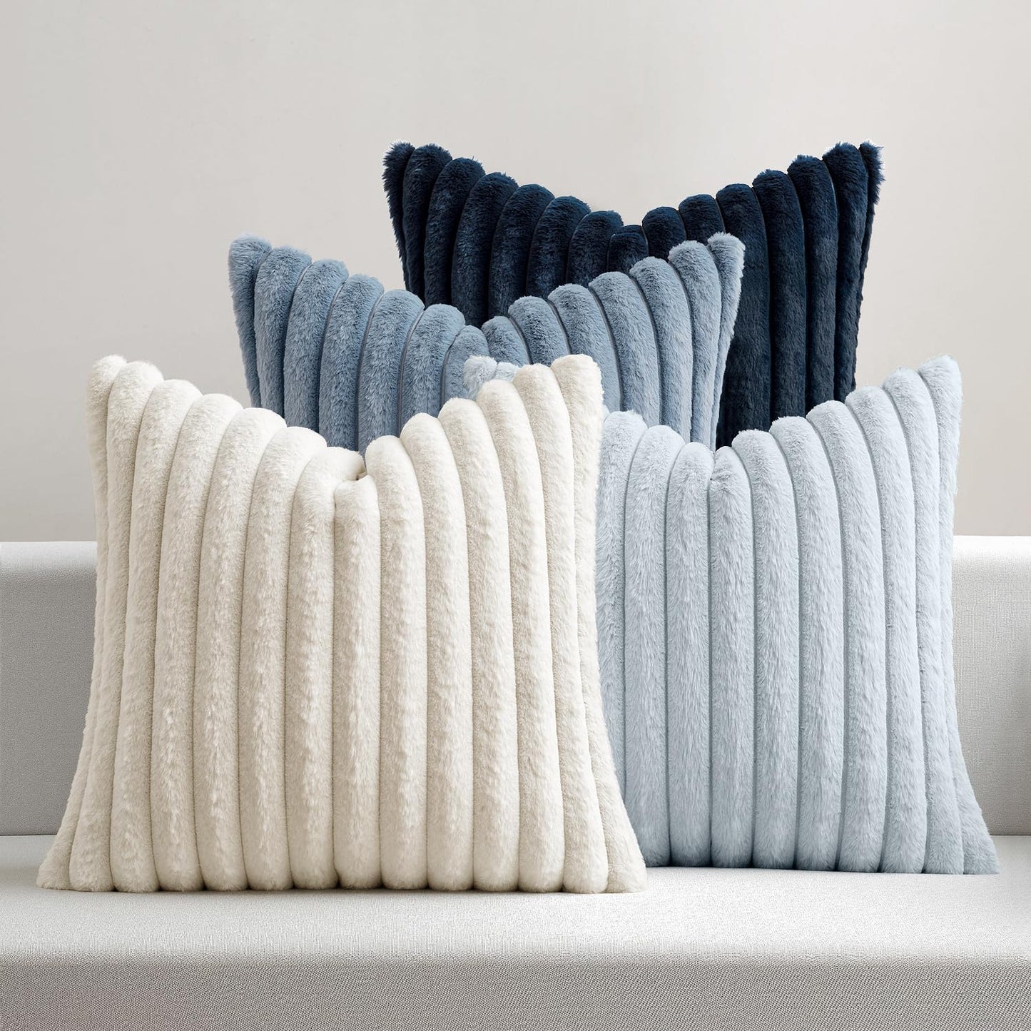 MIULEE Faux Fur Plush Decorative Throw Pillow Covers 18x18 Set of 4, Valentine's Day Cute Modern Soft Romantic Fuzzy Striped Cushion Covers for Sofa Couch Bed Living Room Cozy Home Decor,Pink
