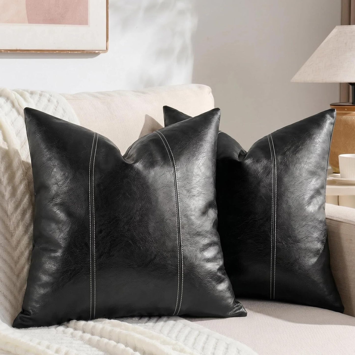 Fancy Homi 2 Packs Brown Boho Long Lumbar Faux Leather Body Decorative Throw Pillow Cover 14x36 Inch for Bedroom Couch Bed Bench, Hand Stitched Stylish Pillowcase, Rustic Modern Farmhouse Room Decor