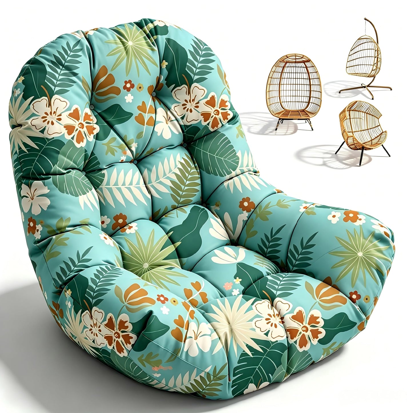 Waterproof Egg Chair Cushion Replacement Outdoor Hanging Egg Couch Cushion 47x35x7 Inches Thicken Chair Cushions with Ties, Blue Leaf