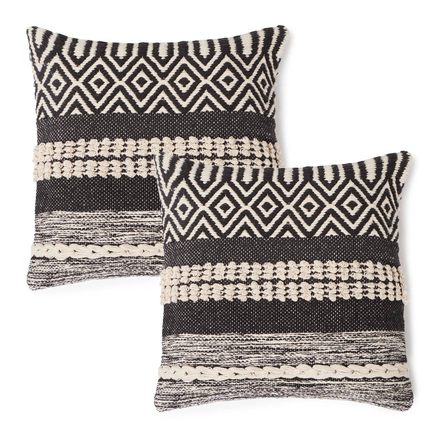 · REDEARTH · Tufted Throw Pillow Cushion Covers - Boho Textured Woven Decorative Cases Set for Couch - Sofa - Bed - Farmhouse - Chair - Covered Patio - car - 100% Cotton (18x18 ; Gray) Pack of 2