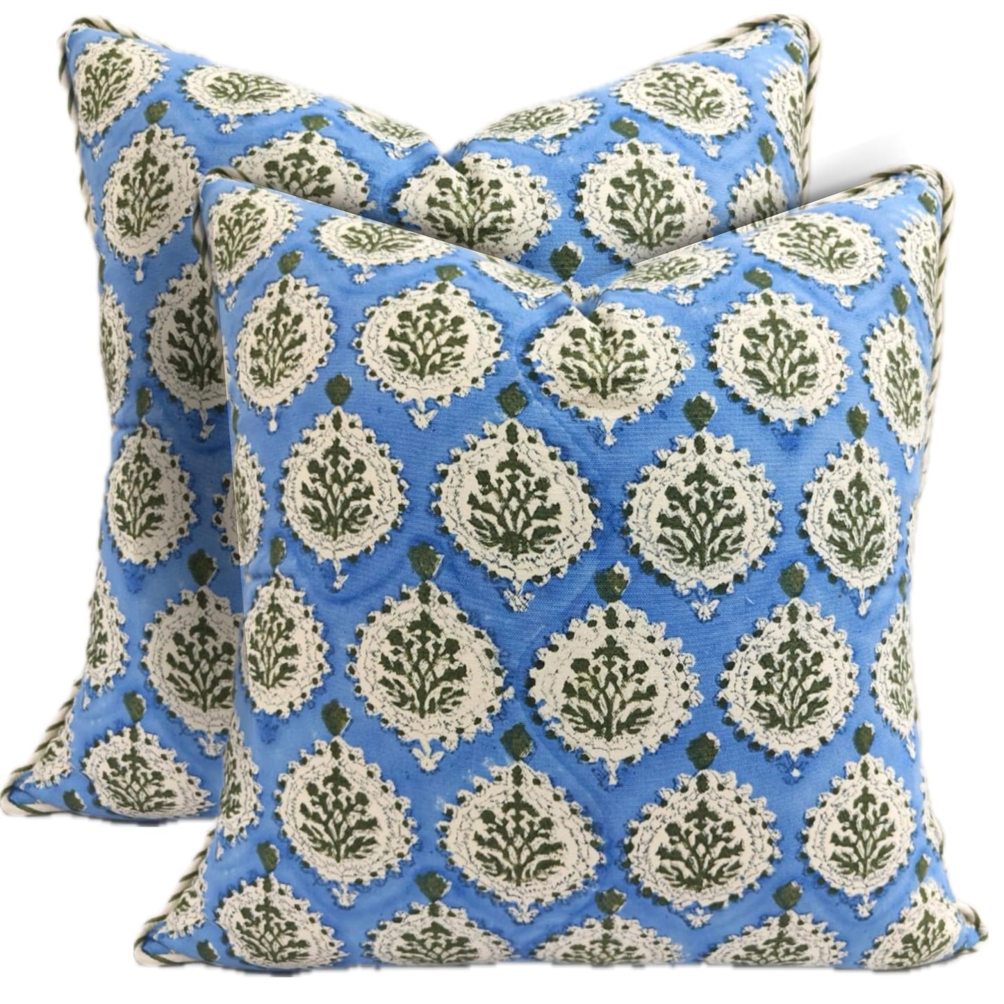 ATOSII Block Print Throw Pillow Cushion Covers, 20 X 20 - Set of 2, Decorative Couch Pillows for Living Room Bed Sofa, 100% Cotton Canvas Pillow Case for Home Decor & Outdoors - Clover Blue