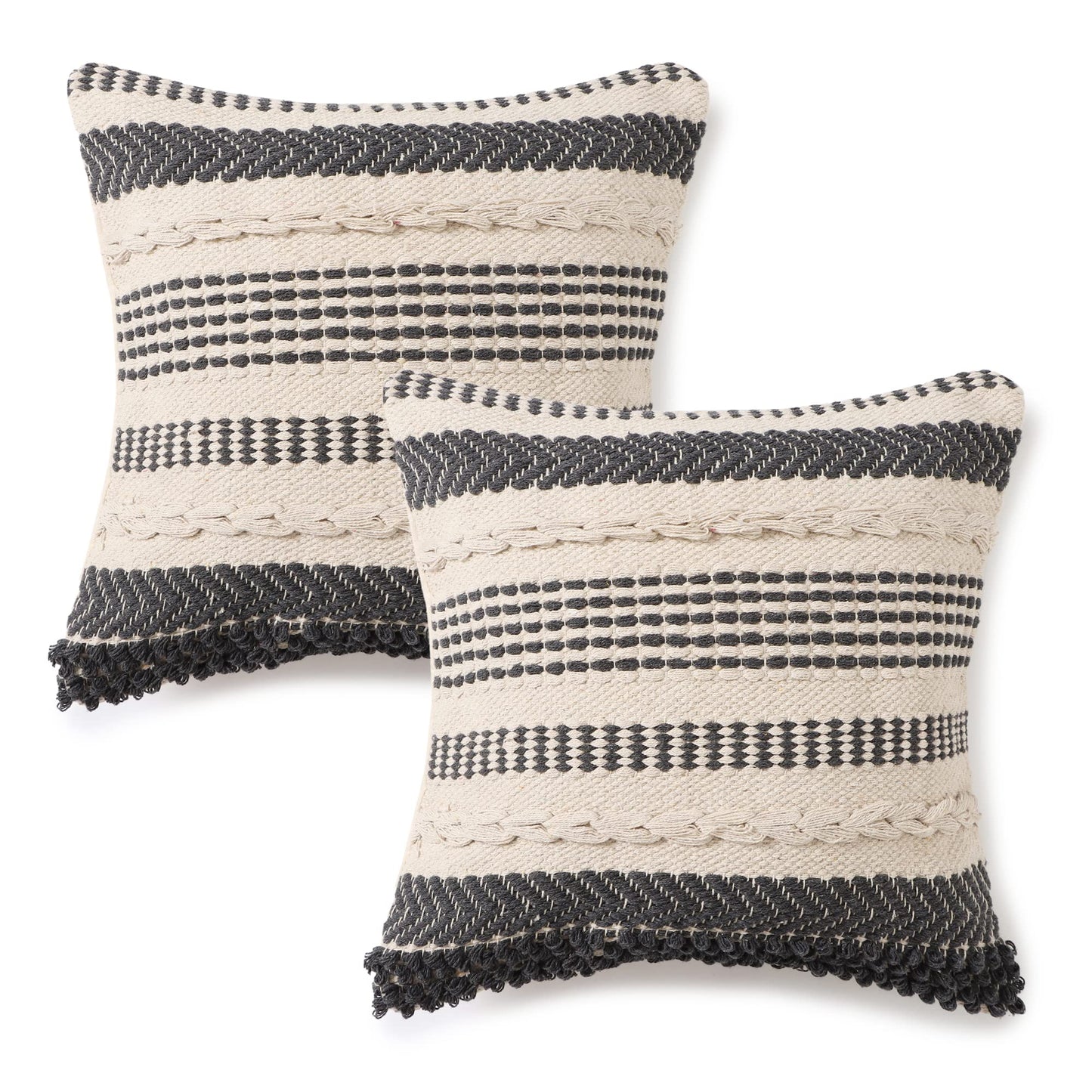 · REDEARTH · Tufted Throw Pillow Cushion Covers - Boho Textured Woven Decorative Cases Set for Couch - Sofa - Bed - Farmhouse - Chair - Covered Patio - car - 100% Cotton (18x18 ; Gray) Pack of 2