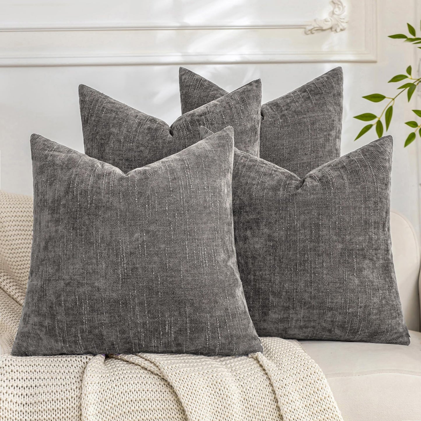 Set of 4 Soft Textured Decorative Throw Pillow Covers 24x24 Inch Cozy Farmhouse Cushion Cover Square Accent Pillow Cases for Bed Couch Sofa Living Room, Neutral