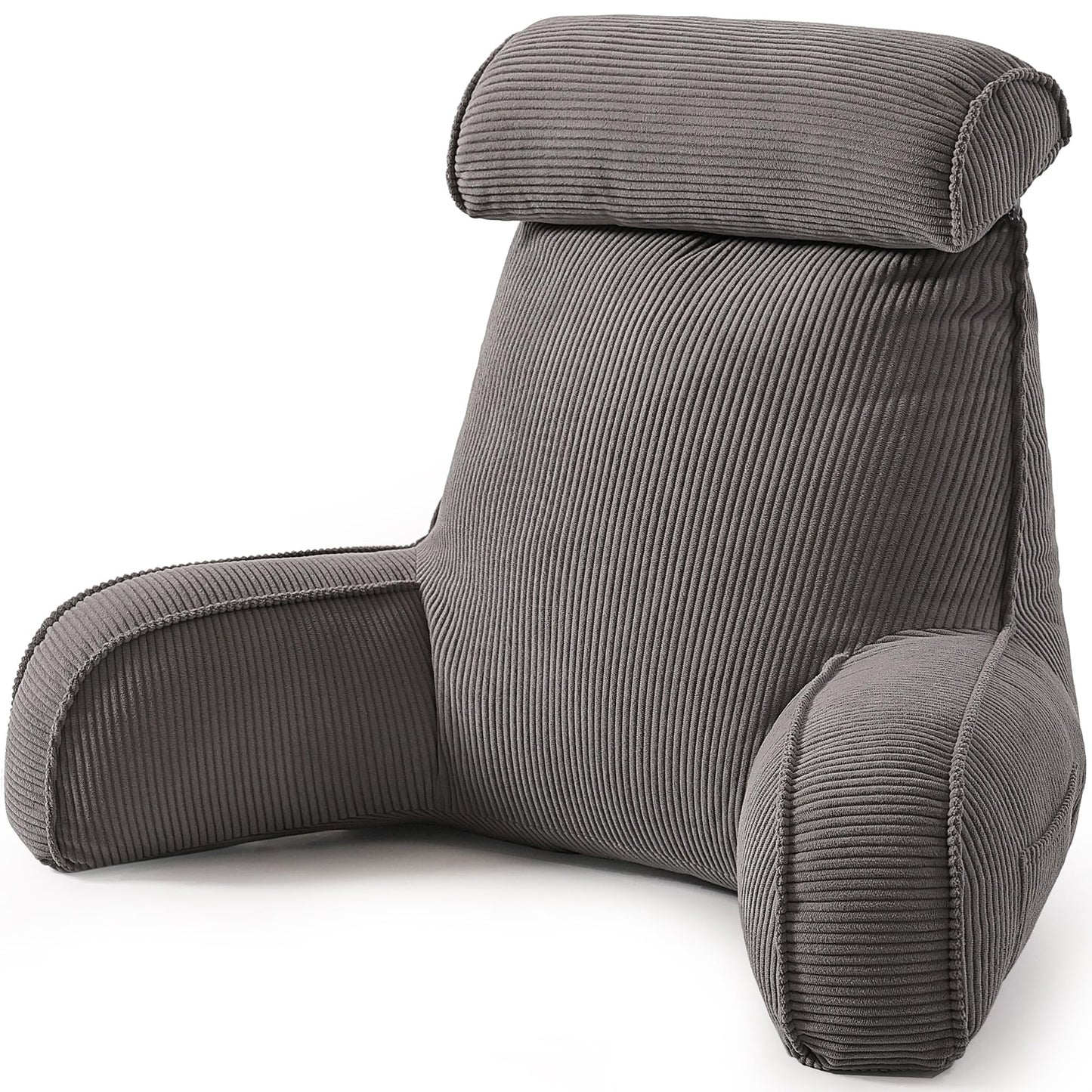 Reading Pillow for Sitting Up in Bed, Corduroy Backrest Pillow with Arms, Side Pocket & Washable Cover, Bed Rest Pillow Back Support for Adults, Beige Gray