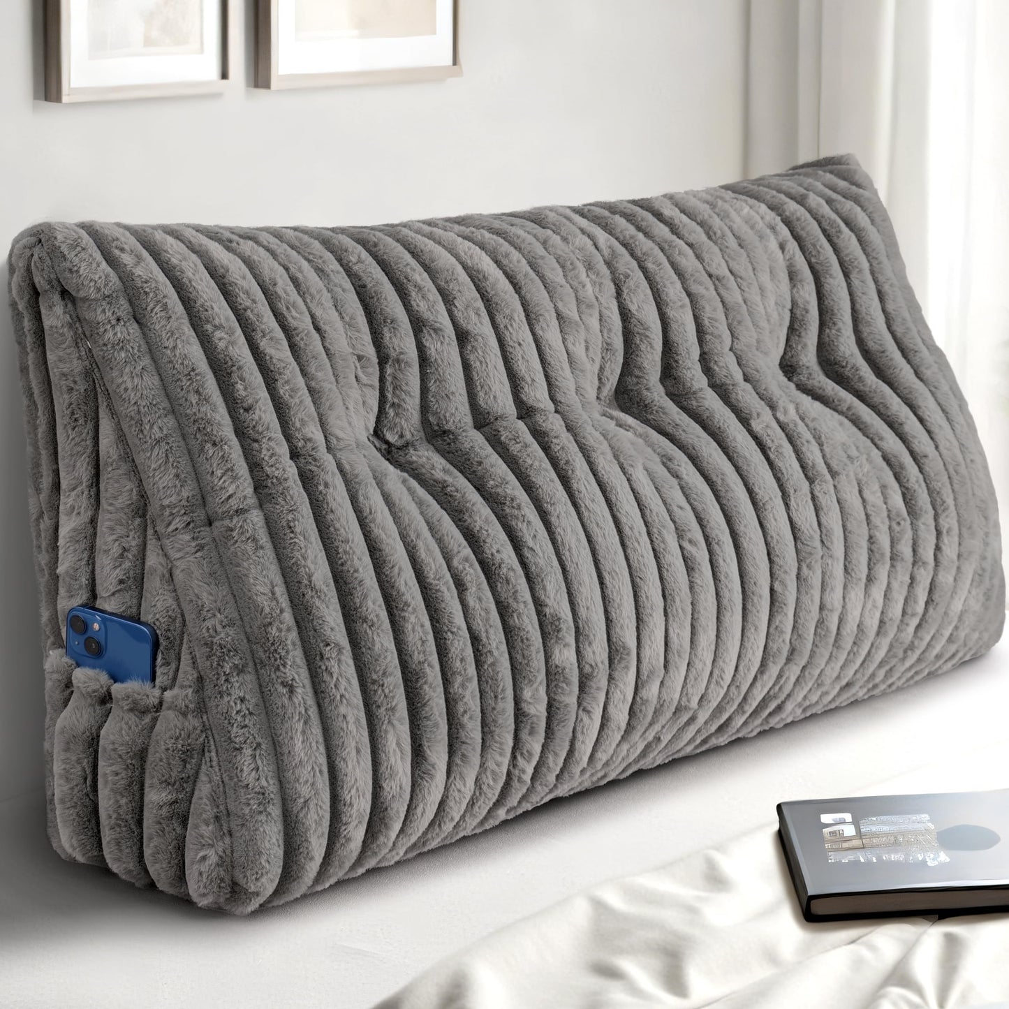 Headboard Pillow Queen, Triangular Wedge Pillow Headboard Queen, Cushion Headboards Reading Pillows, Backrest Pillows for Sitting in Bed or Working with Removable Cover, Grey