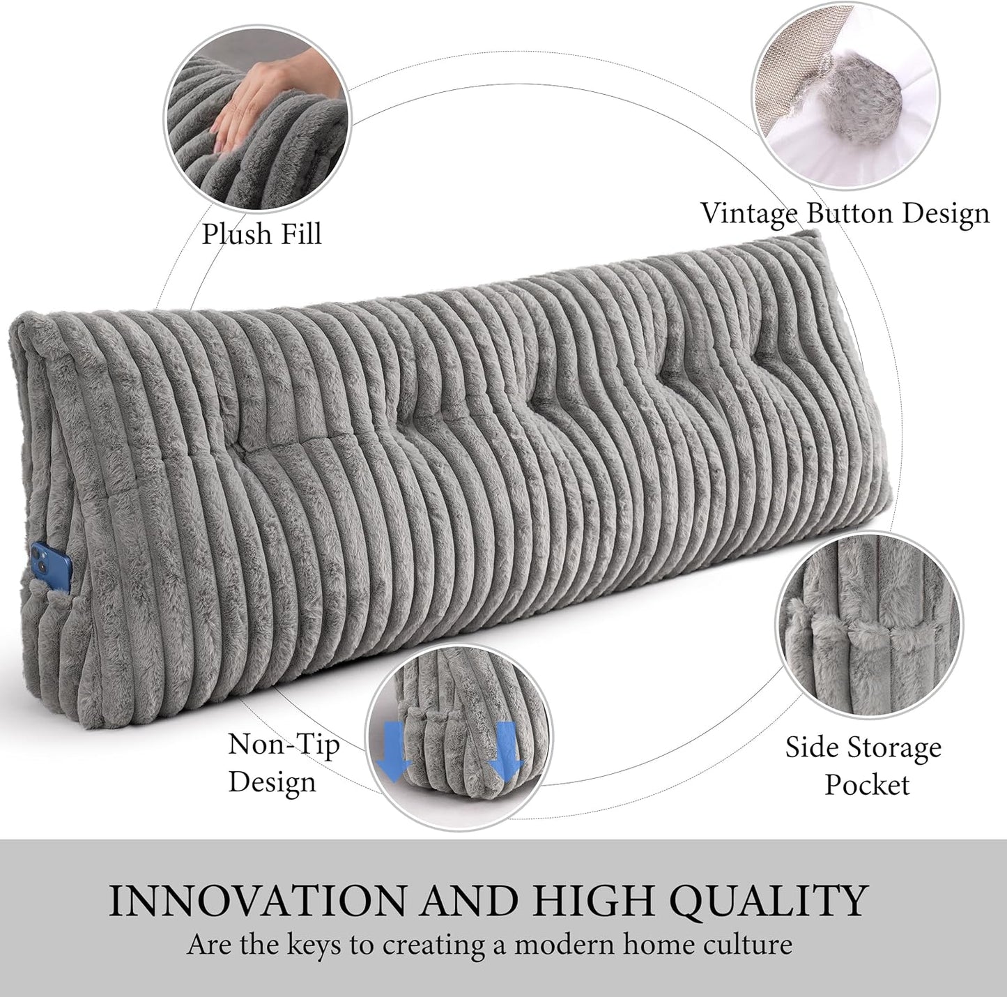 Headboard Pillow Queen, Triangular Wedge Pillow Headboard Queen, Cushion Headboards Reading Pillows, Backrest Pillows for Sitting in Bed or Working with Removable Cover, Grey
