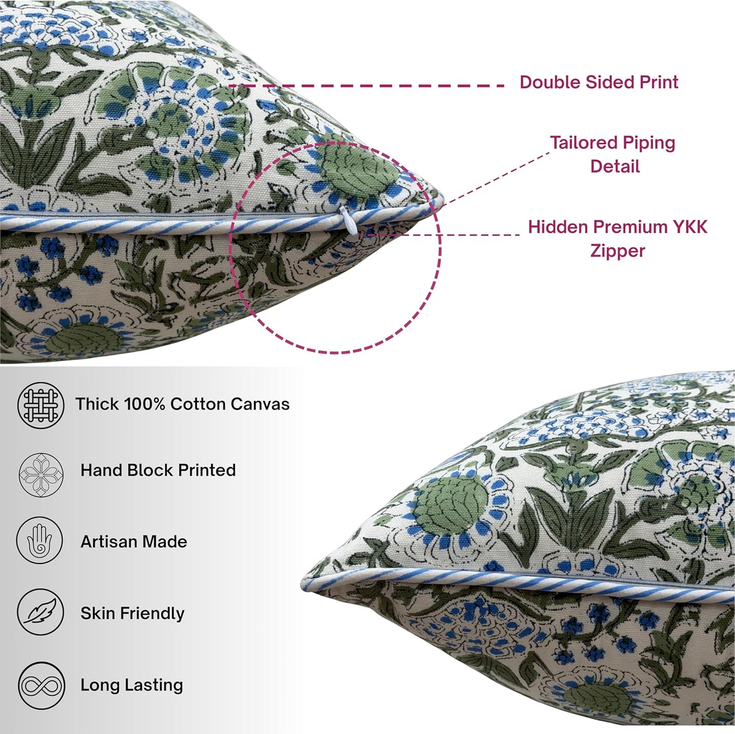 ATOSII Block Print Throw Pillow Cushion Covers, 20 X 20 - Set of 2, Decorative Couch Pillows for Living Room Bed Sofa, 100% Cotton Canvas Pillow Case for Home Decor & Outdoors - Clover Blue