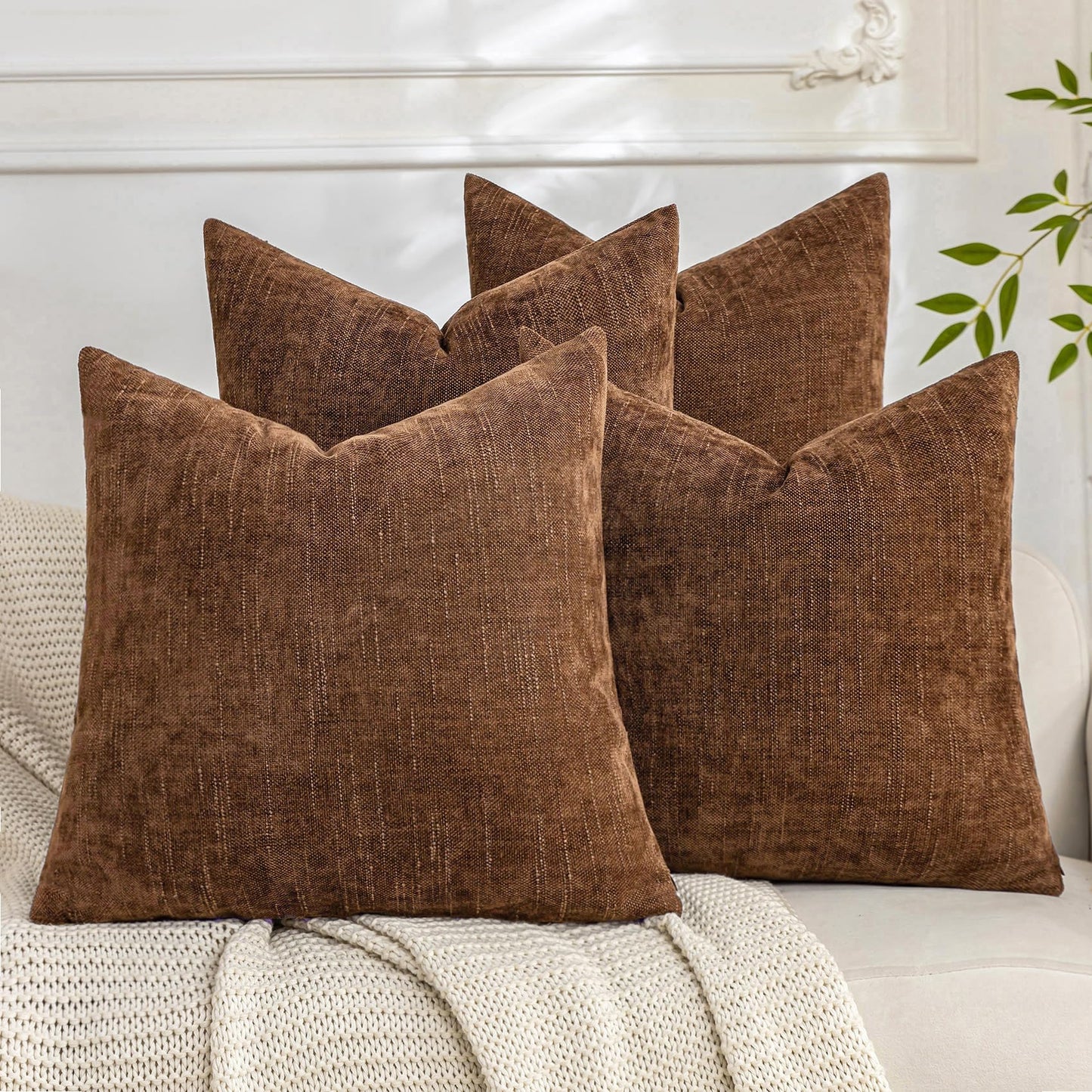 Set of 4 Soft Textured Decorative Throw Pillow Covers 24x24 Inch Cozy Farmhouse Cushion Cover Square Accent Pillow Cases for Bed Couch Sofa Living Room, Neutral