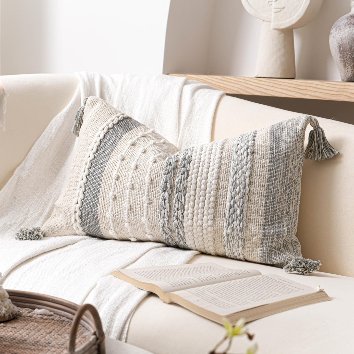 Coastal Boho Textured Decorative Lumbar Throw Pillow Cover Set