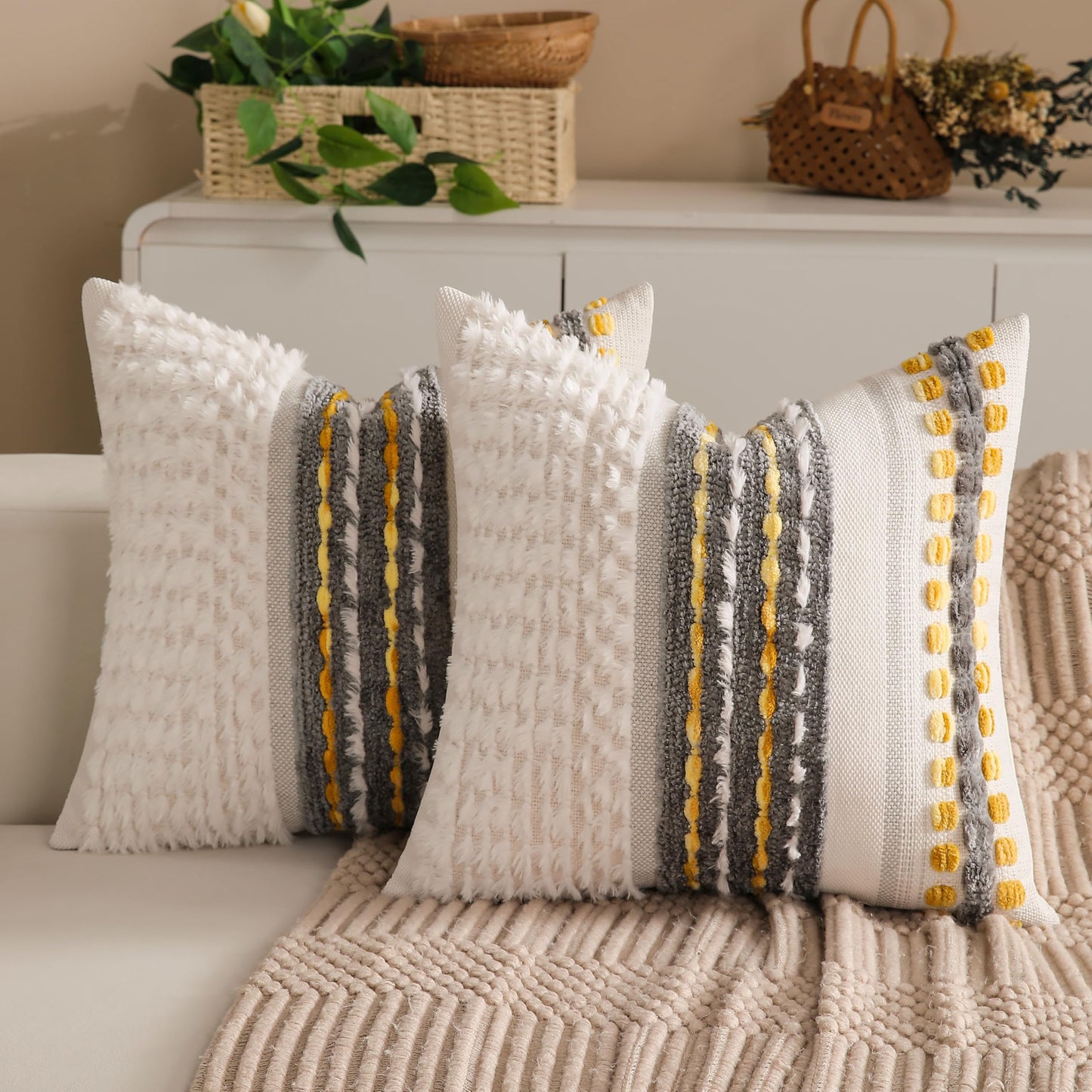 Boho Farmhouse Striped Neutral Decorative Throw Pillow Covers Set of 2