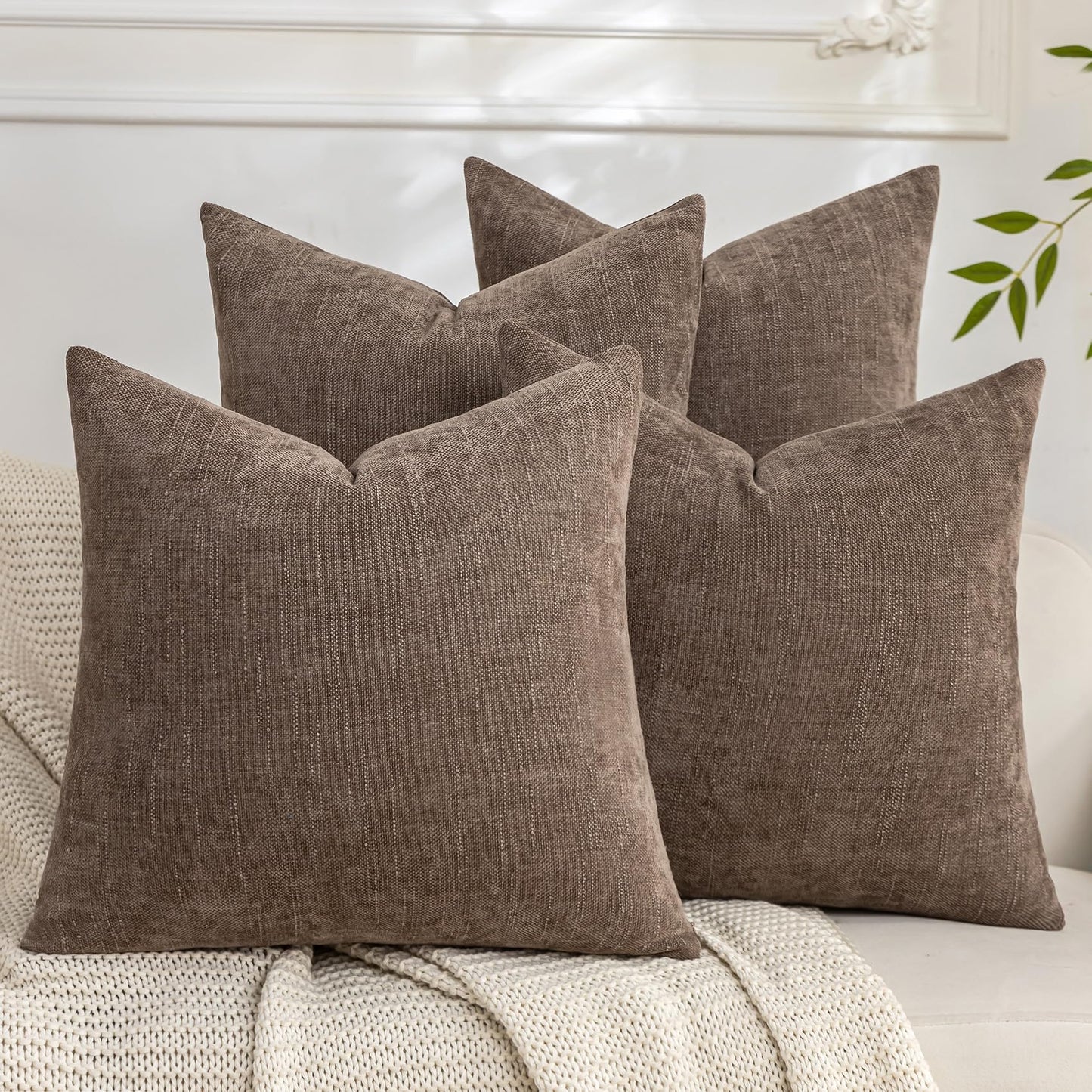 Set of 4 Soft Textured Decorative Throw Pillow Covers 24x24 Inch Cozy Farmhouse Cushion Cover Square Accent Pillow Cases for Bed Couch Sofa Living Room, Neutral