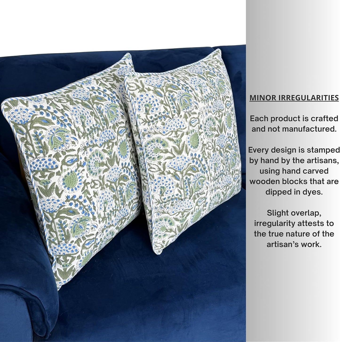 ATOSII Block Print Throw Pillow Cushion Covers, 20 X 20 - Set of 2, Decorative Couch Pillows for Living Room Bed Sofa, 100% Cotton Canvas Pillow Case for Home Decor & Outdoors - Clover Blue