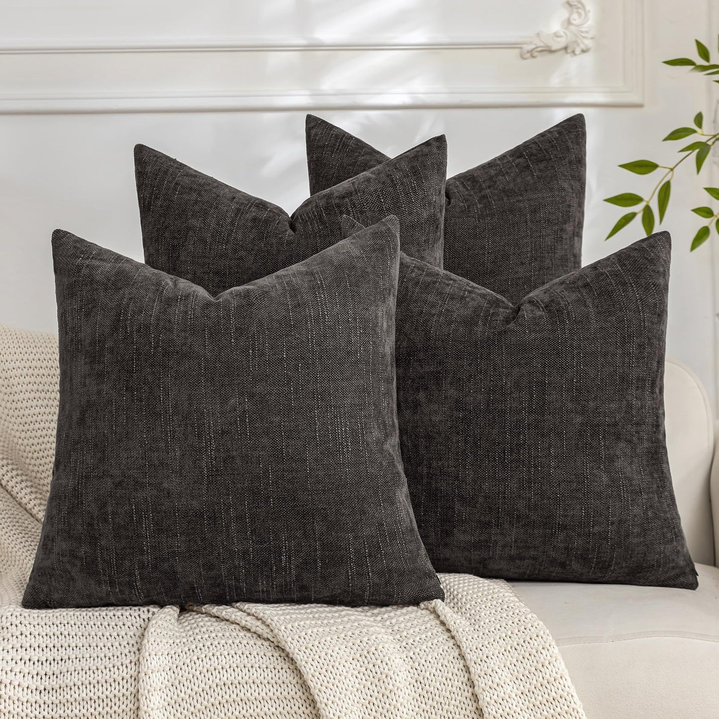 Set of 4 Soft Textured Decorative Throw Pillow Covers 24x24 Inch Cozy Farmhouse Cushion Cover Square Accent Pillow Cases for Bed Couch Sofa Living Room, Neutral