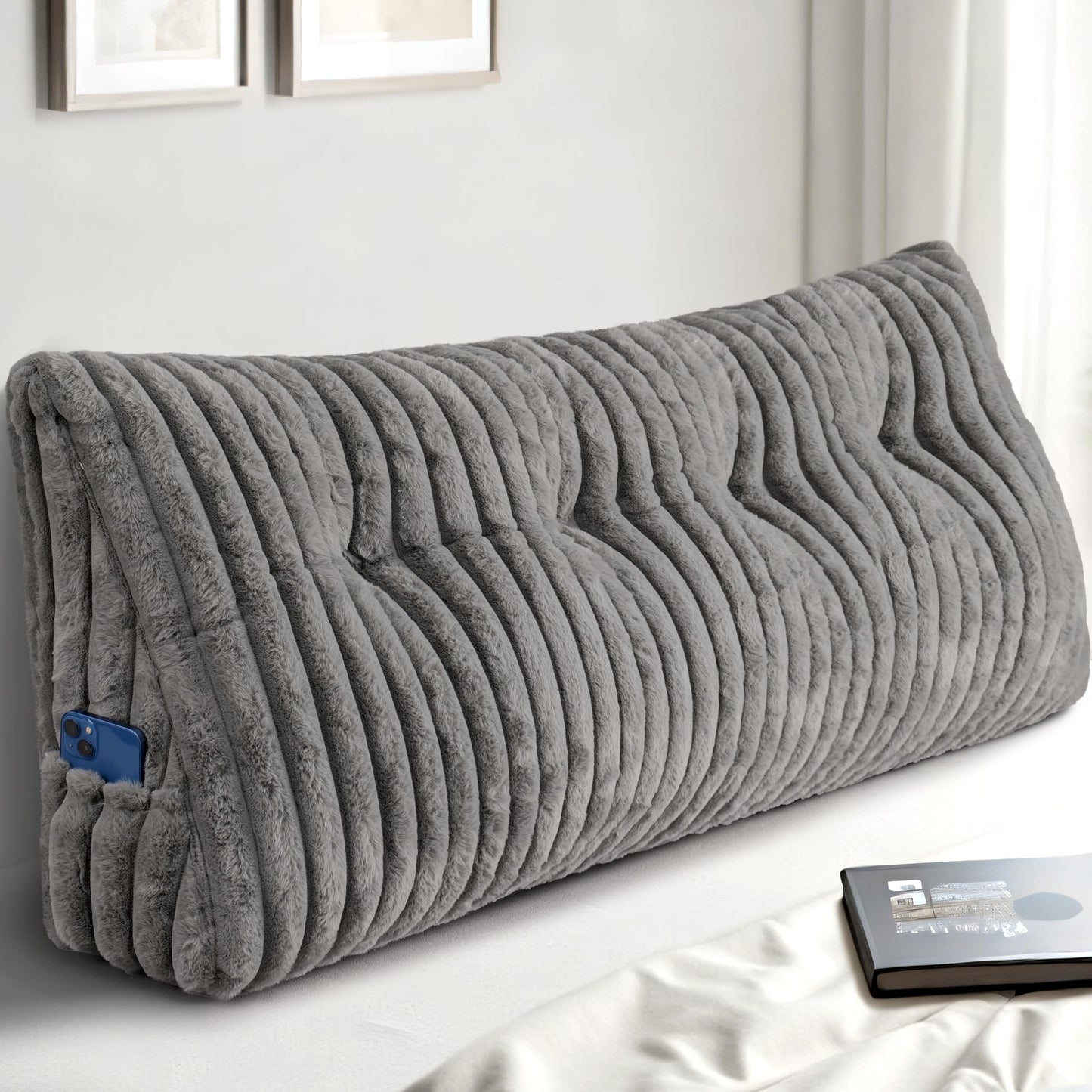 Headboard Pillow Queen, Triangular Wedge Pillow Headboard Queen, Cushion Headboards Reading Pillows, Backrest Pillows for Sitting in Bed or Working with Removable Cover, Grey