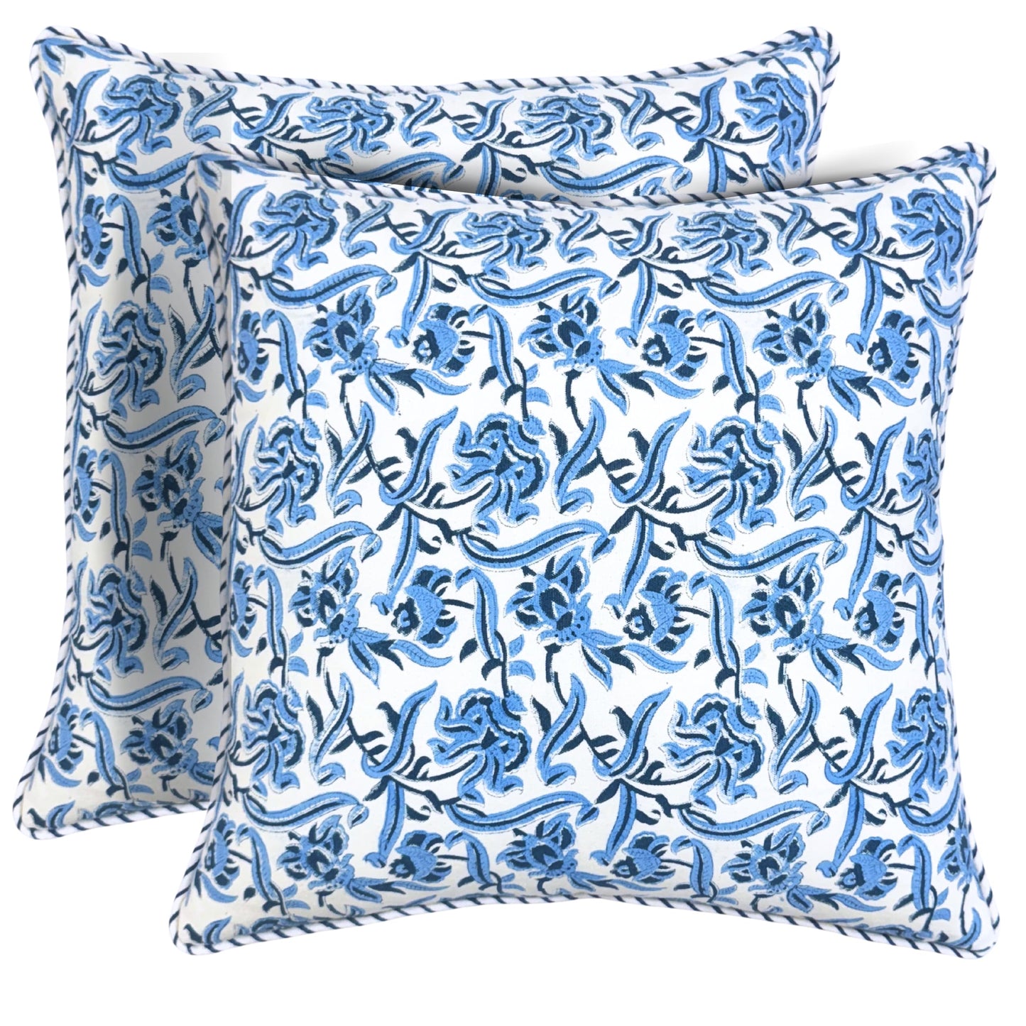 ATOSII Block Print Throw Pillow Cushion Covers, 20 X 20 - Set of 2, Decorative Couch Pillows for Living Room Bed Sofa, 100% Cotton Canvas Pillow Case for Home Decor & Outdoors - Clover Blue