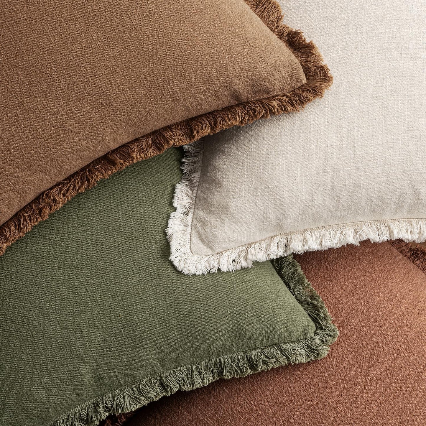 MIULEE Decorative Couch Pillow Covers Neutral Linen Fringe Throw Pillows Set of 4 Soft Rustic Cushions Boho Farmhouse Pillowcases for Bed Sofa Living Room Spring Decor 18x18 Inch Beige/Brown/Green