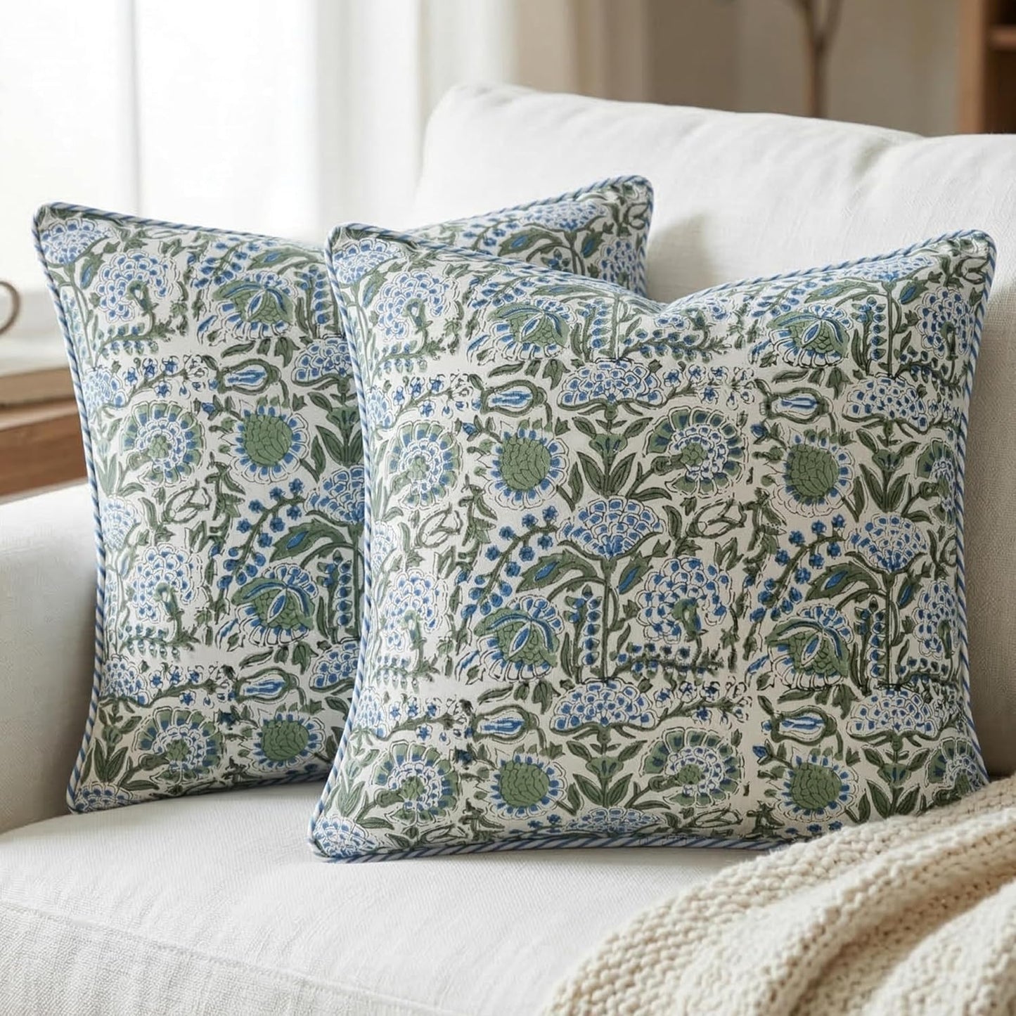 ATOSII Block Print Throw Pillow Cushion Covers, 20 X 20 - Set of 2, Decorative Couch Pillows for Living Room Bed Sofa, 100% Cotton Canvas Pillow Case for Home Decor & Outdoors - Clover Blue