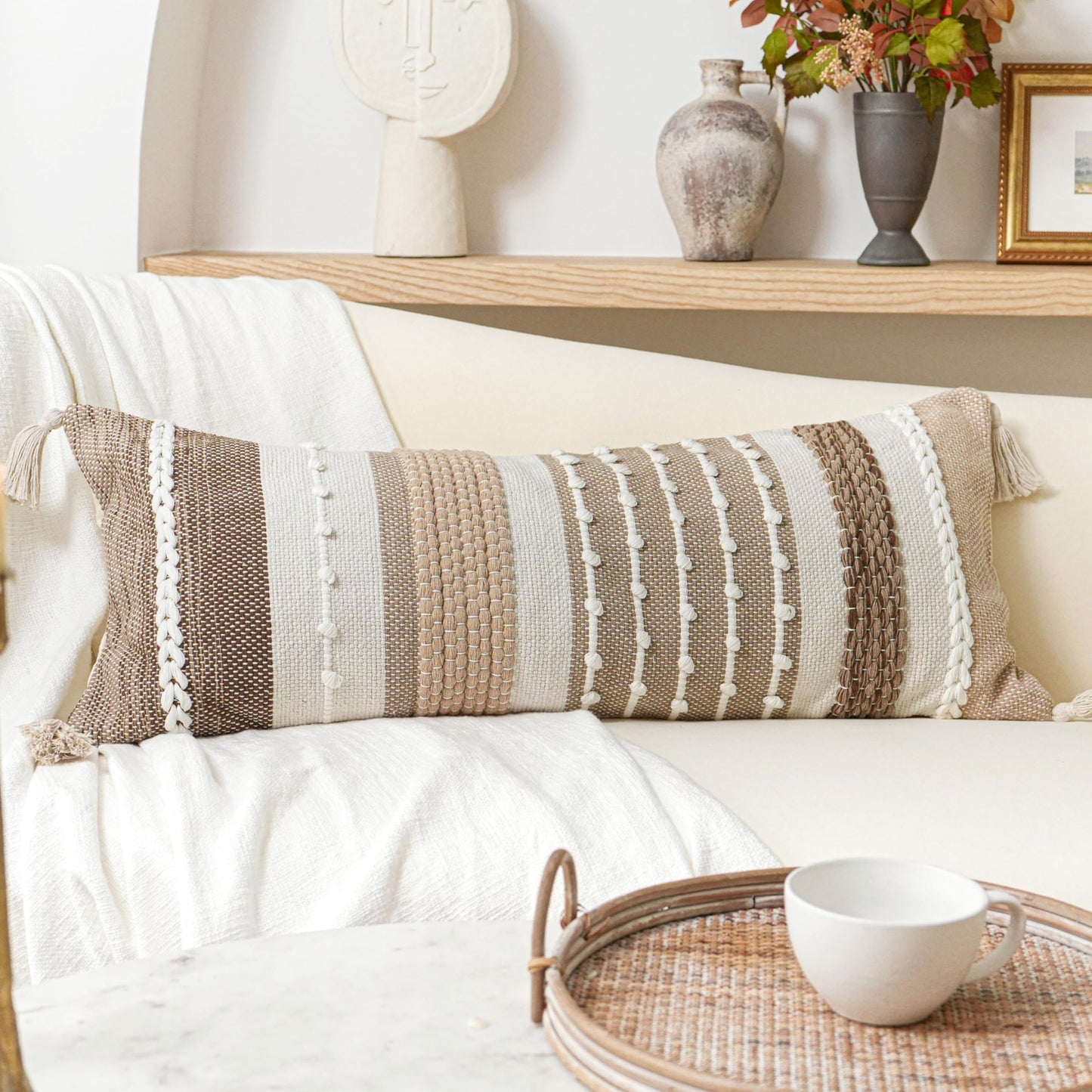 Coastal Boho Textured Decorative Lumbar Throw Pillow Cover Set