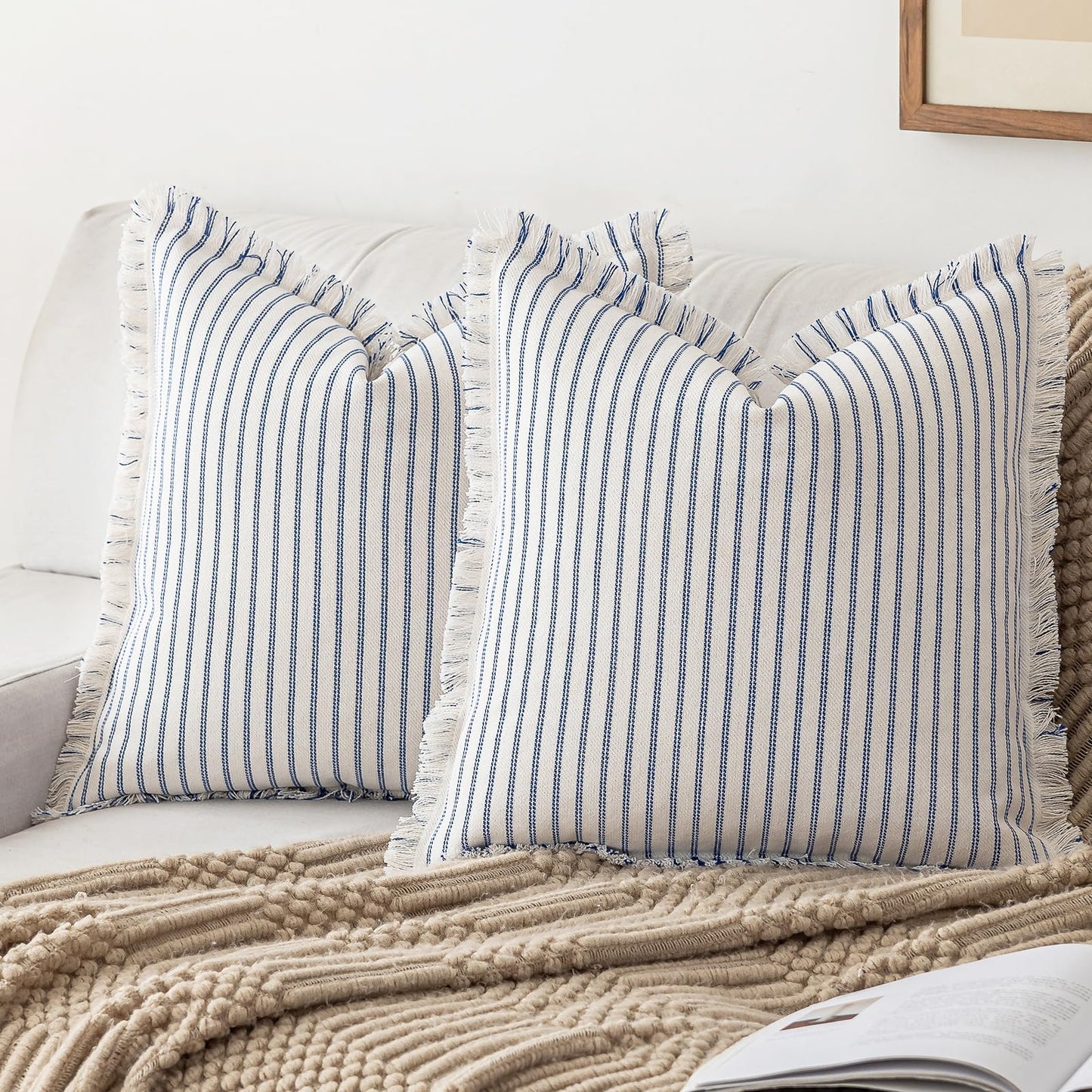 YEENAASY Throw Pillow Covers 22x22 Set of 2 Striped Fringe Pillow Cover Farmhouse Cushion Covers with Tassel Neutral Boho Pillows Decorative Square Pillowcase for Couch Sofa Bed, Khaki