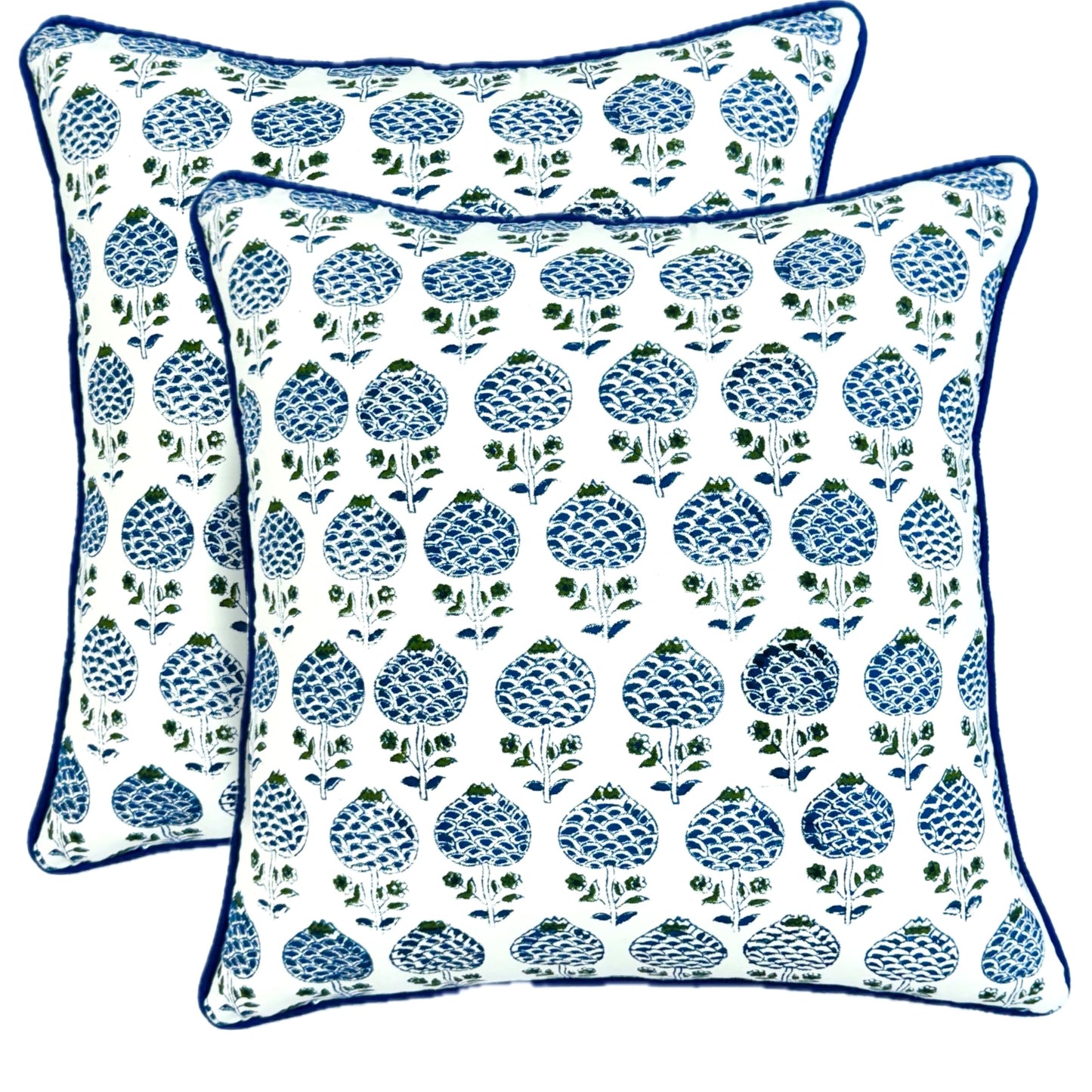 ATOSII Block Print Throw Pillow Cushion Covers, 20 X 20 - Set of 2, Decorative Couch Pillows for Living Room Bed Sofa, 100% Cotton Canvas Pillow Case for Home Decor & Outdoors - Clover Blue