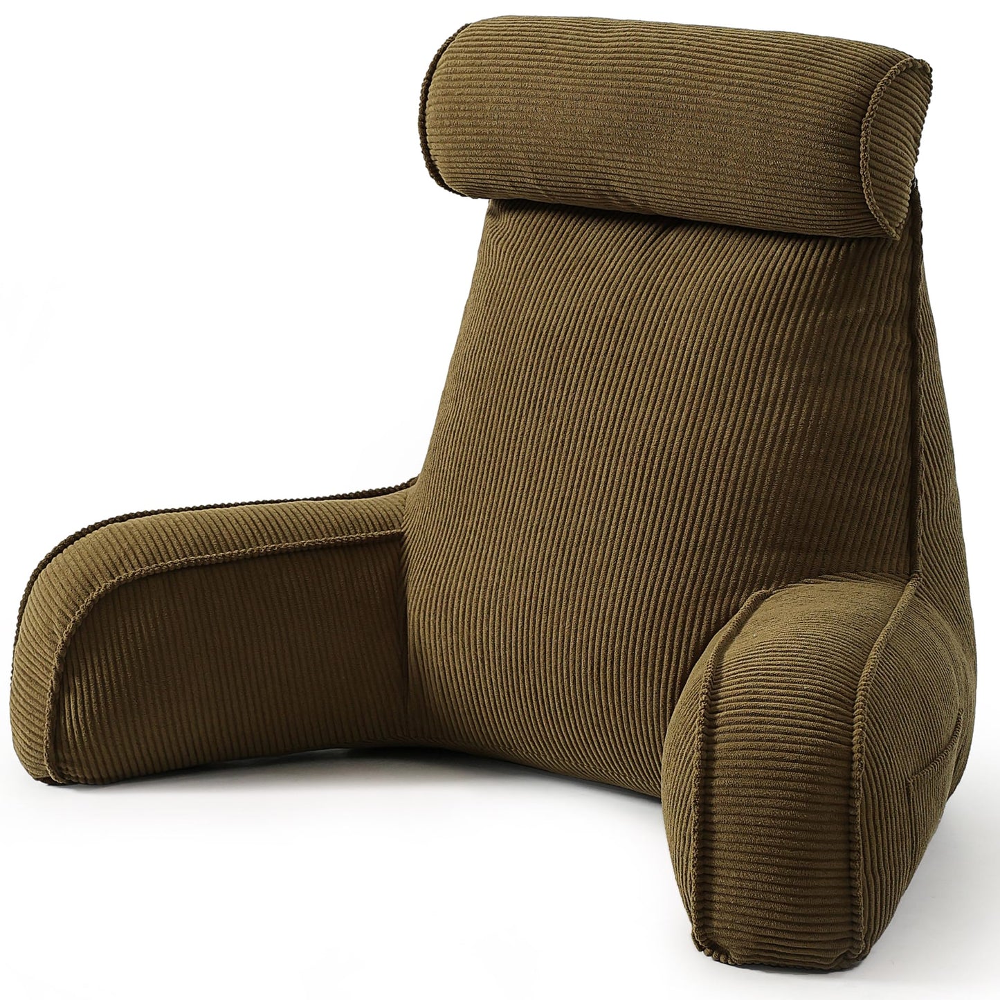 Reading Pillow for Sitting Up in Bed, Corduroy Backrest Pillow with Arms, Side Pocket & Washable Cover, Bed Rest Pillow Back Support for Adults, Beige Gray