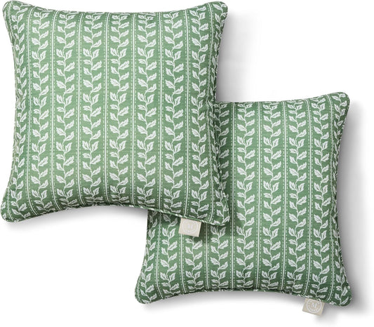 Martha Stewart Vineyard Vines Indoor Outdoor Decorative Pillow 2-Pack Set, UV Fade Resistant, Water Repellent, Printed Garden Design, Green, 18"x18"