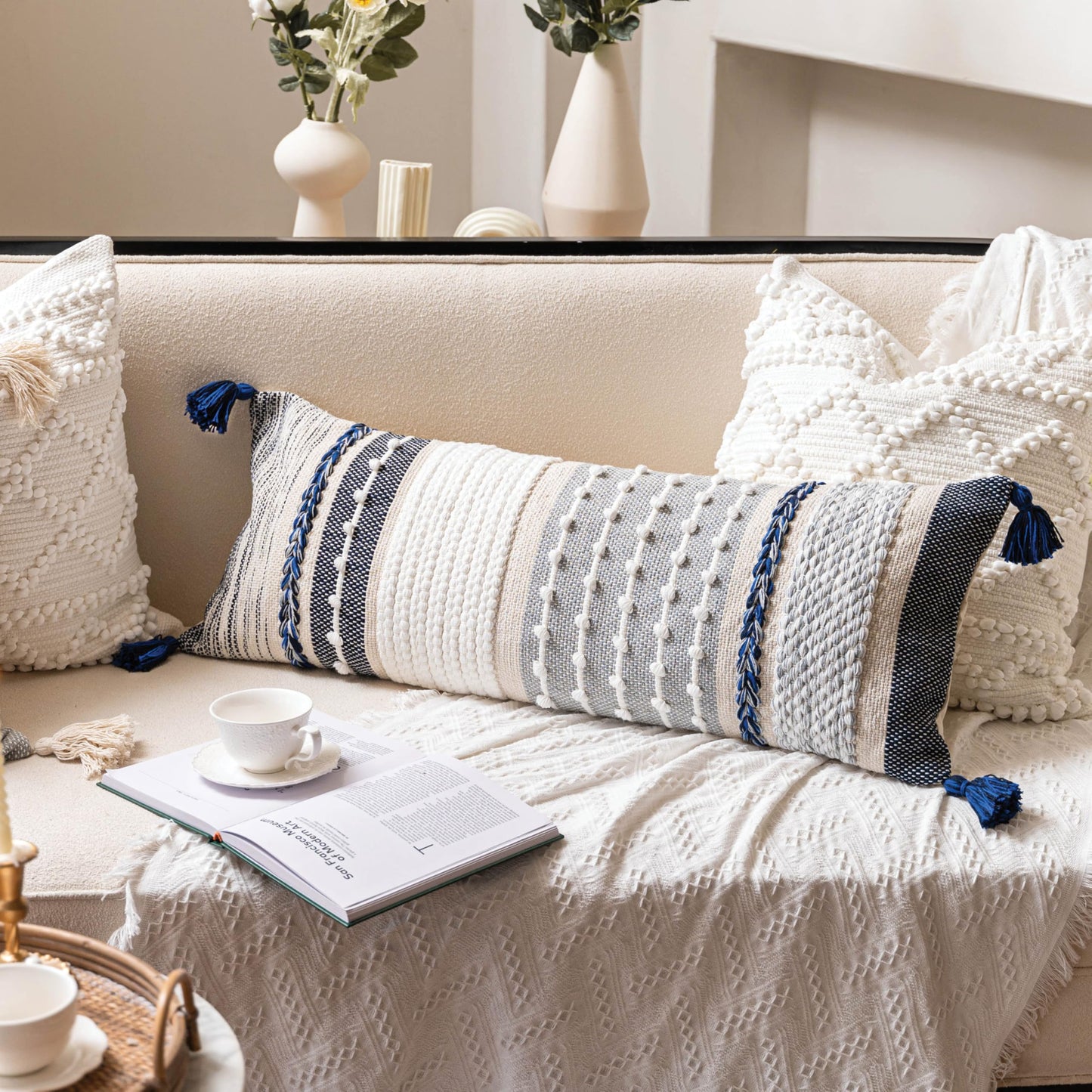 Coastal Boho Textured Decorative Lumbar Throw Pillow Cover Set