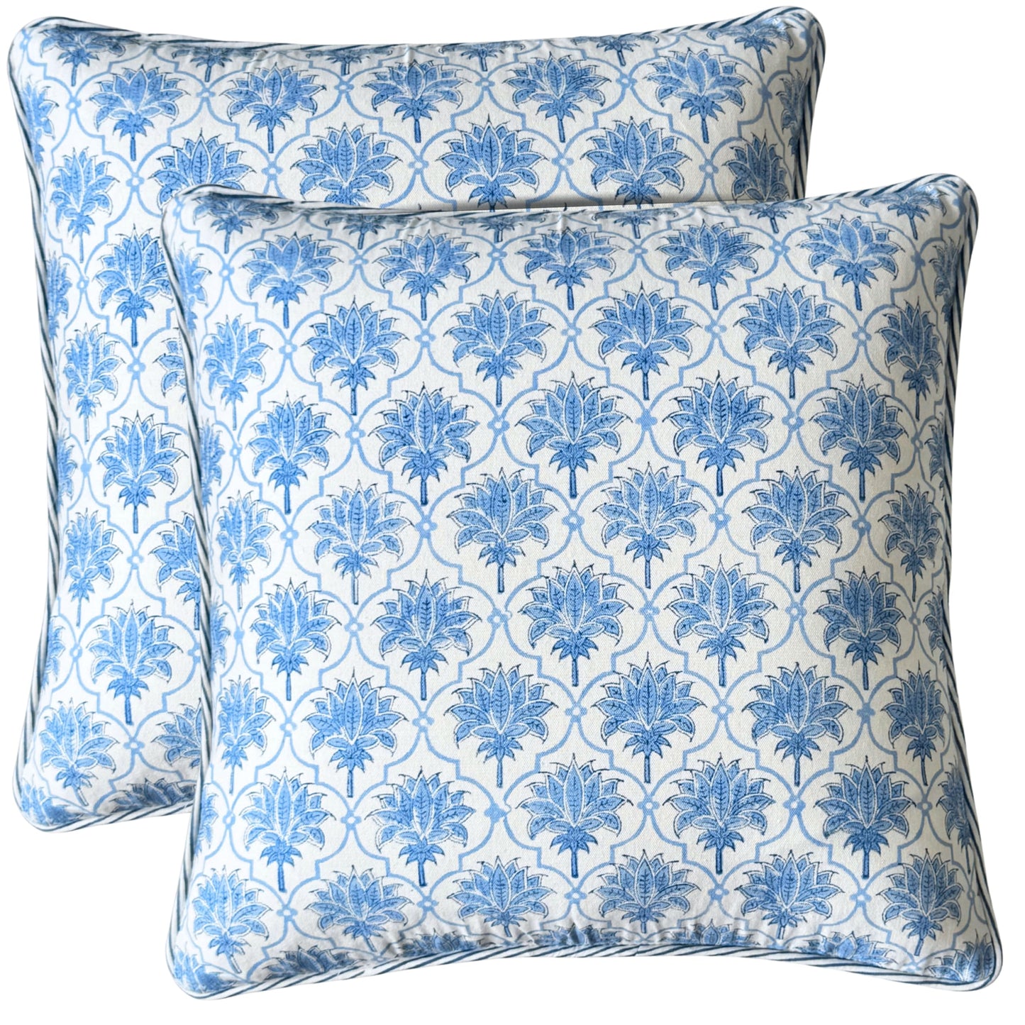 ATOSII Block Print Throw Pillow Cushion Covers, 20 X 20 - Set of 2, Decorative Couch Pillows for Living Room Bed Sofa, 100% Cotton Canvas Pillow Case for Home Decor & Outdoors - Clover Blue