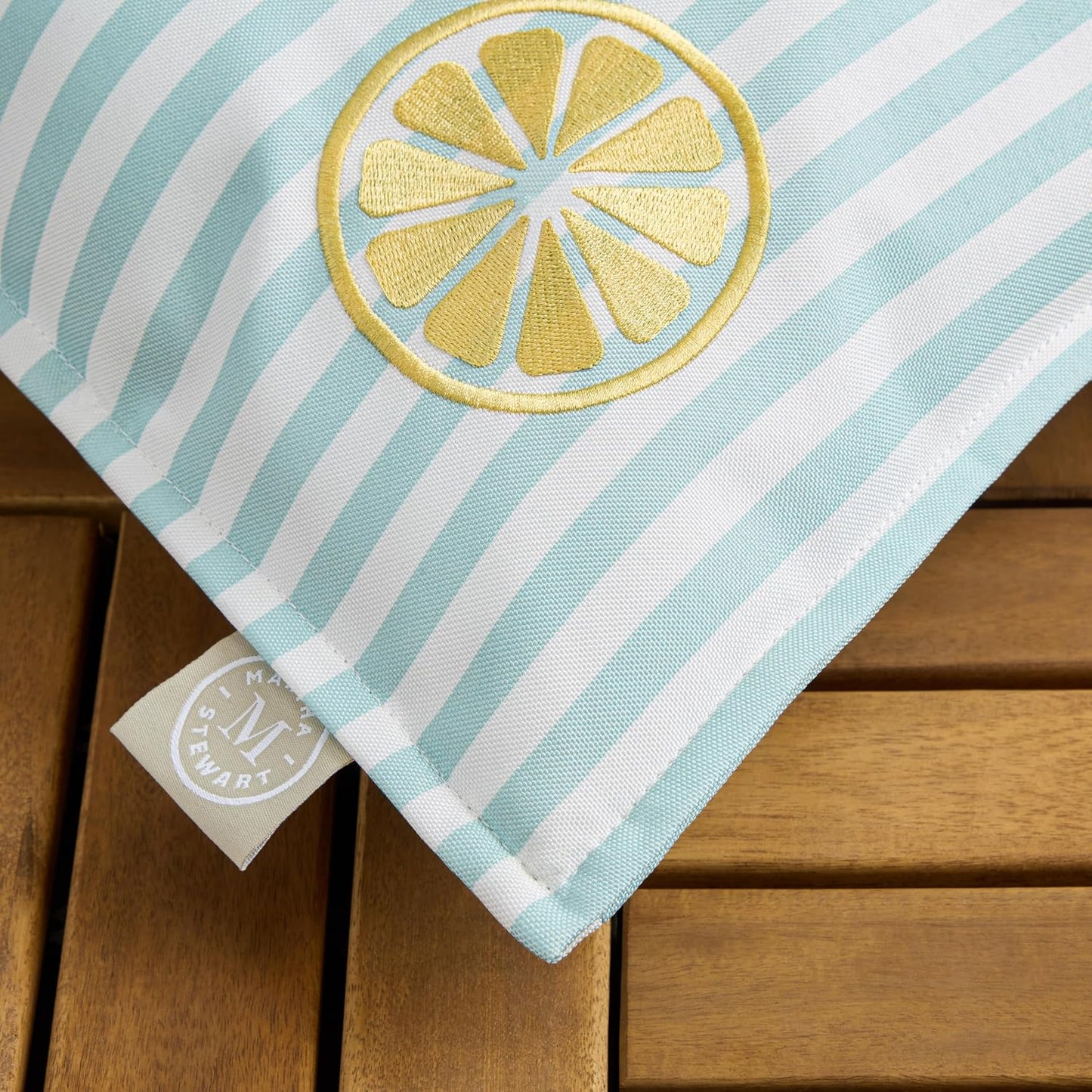 Martha Stewart Spring May Embroidered Lemon Indoor Outdoor Decorative Pillow 2-Pack Set, UV Fade Resistant, Water Repellent, Printed Stripe Design, Aqua Blue/Yellow, 18"x18"