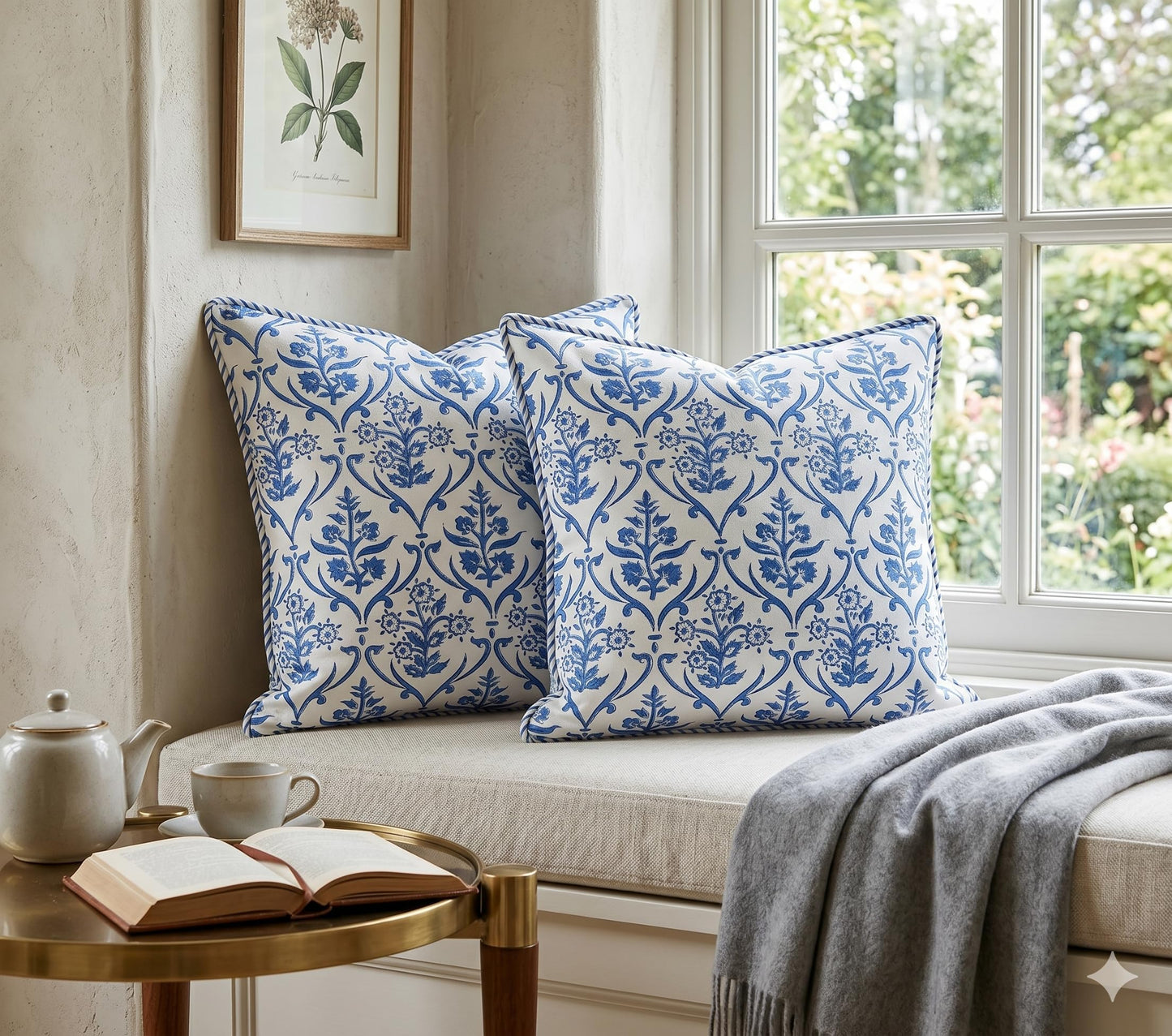 ATOSII Block Print Throw Pillow Cushion Covers, 20 X 20 - Set of 2, Decorative Couch Pillows for Living Room Bed Sofa, 100% Cotton Canvas Pillow Case for Home Decor & Outdoors - Clover Blue