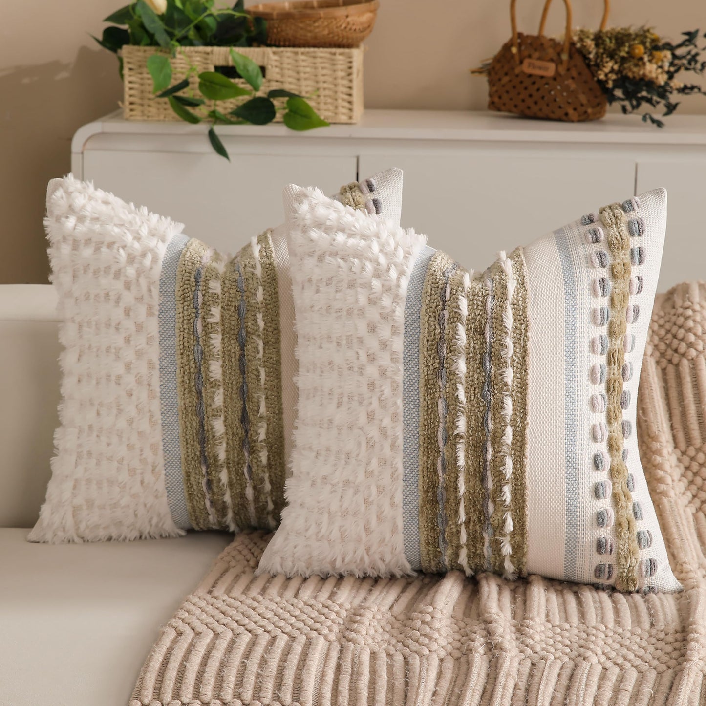 Boho Farmhouse Striped Neutral Decorative Throw Pillow Covers Set of 2