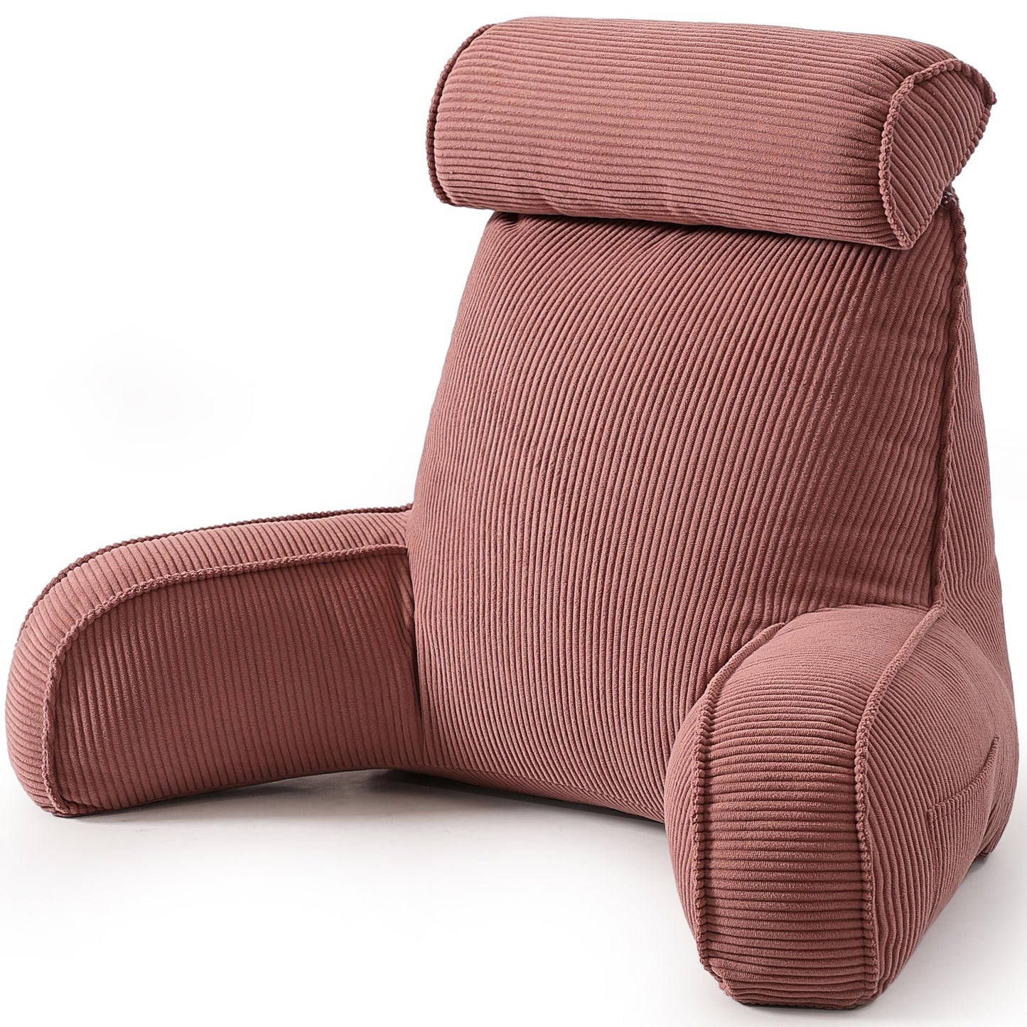 Reading Pillow for Sitting Up in Bed, Corduroy Backrest Pillow with Arms, Side Pocket & Washable Cover, Bed Rest Pillow Back Support for Adults, Beige Gray