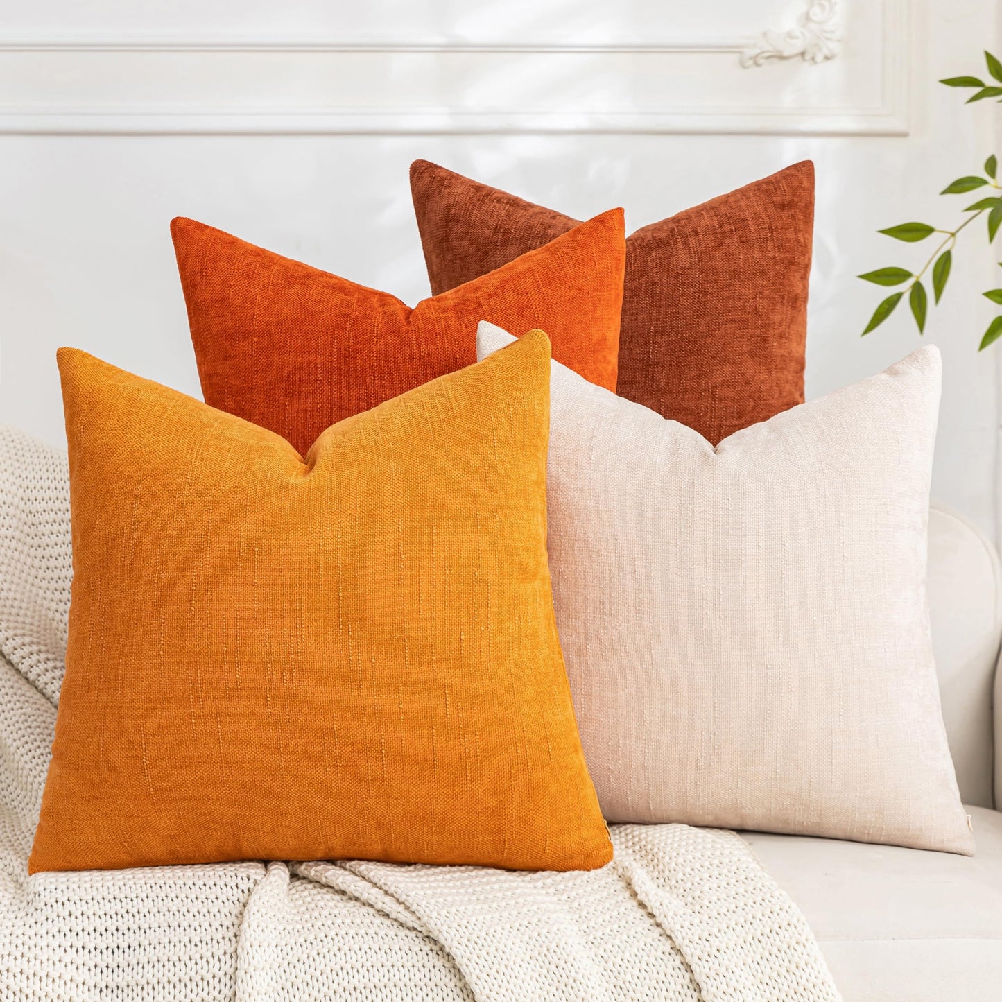 Set of 4 Soft Textured Decorative Throw Pillow Covers 24x24 Inch Cozy Farmhouse Cushion Cover Square Accent Pillow Cases for Bed Couch Sofa Living Room, Neutral